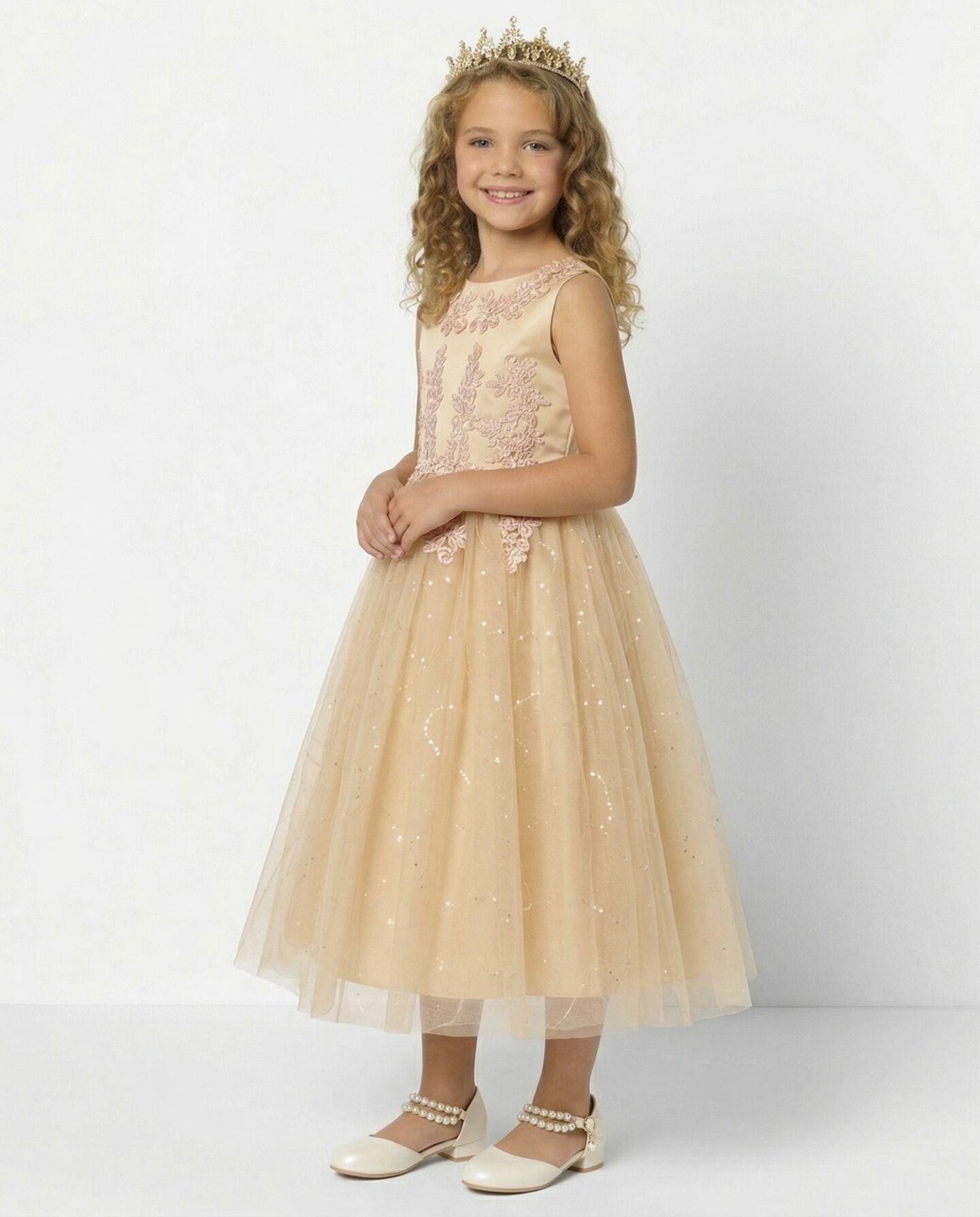 Harriet Beige Satin Lace Appliqué Girls Formal Dress with Glitter Tulle Skirt | Lucys