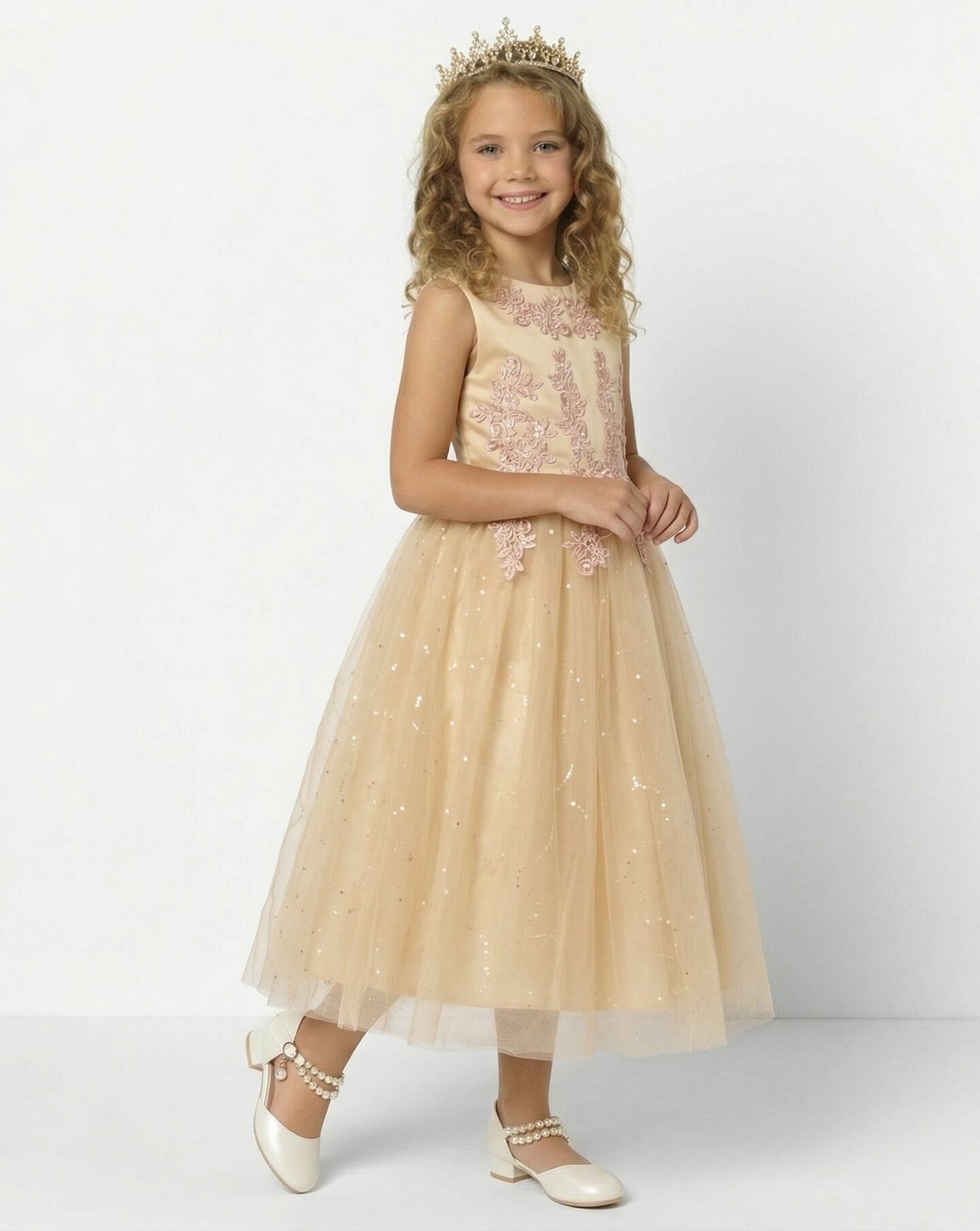 Harriet Beige Satin Lace Appliqué Girls Formal Dress with Glitter Tulle Skirt | Lucys