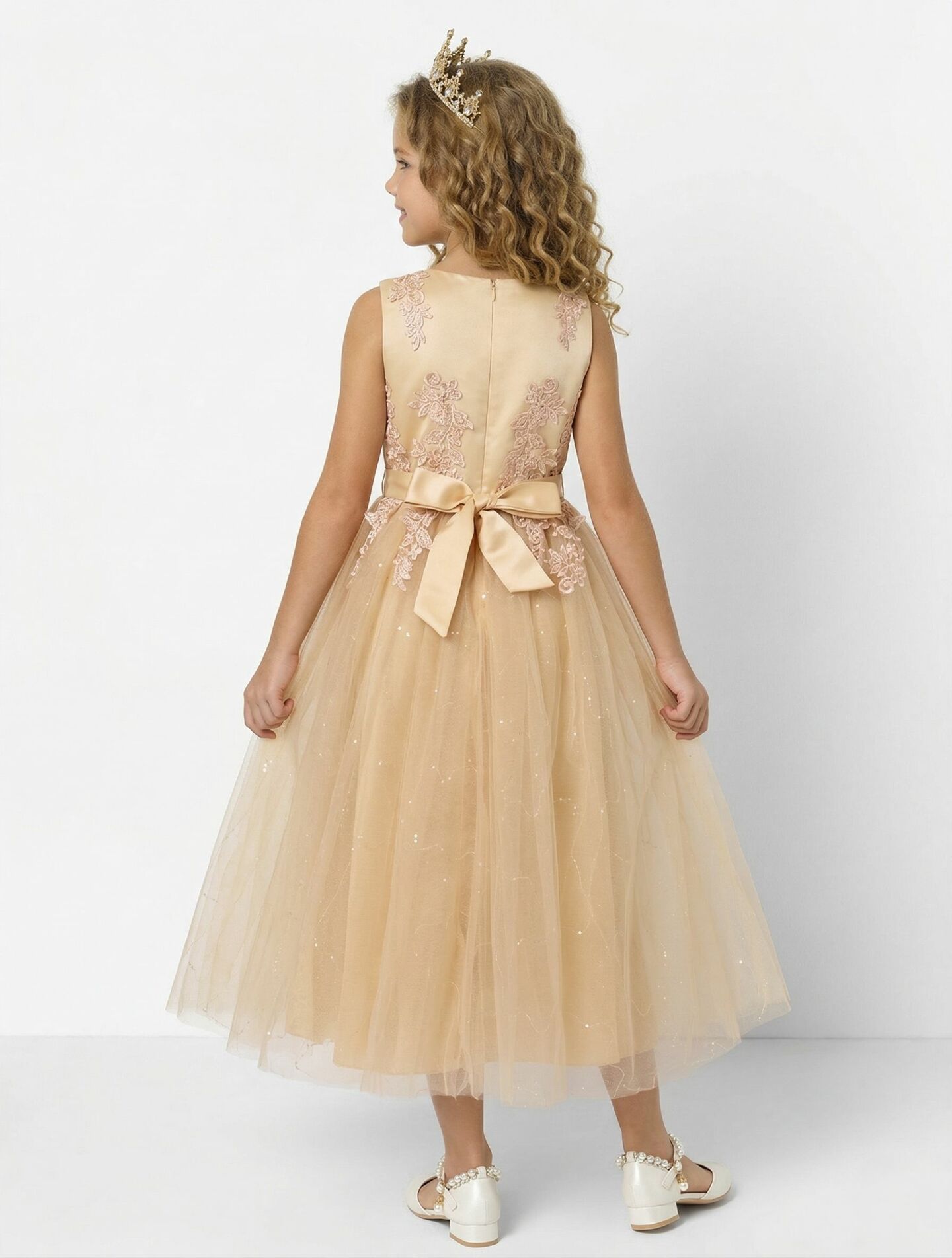Harriet Beige Satin Lace Appliqué Girls Formal Dress with Glitter Tulle Skirt | Lucys