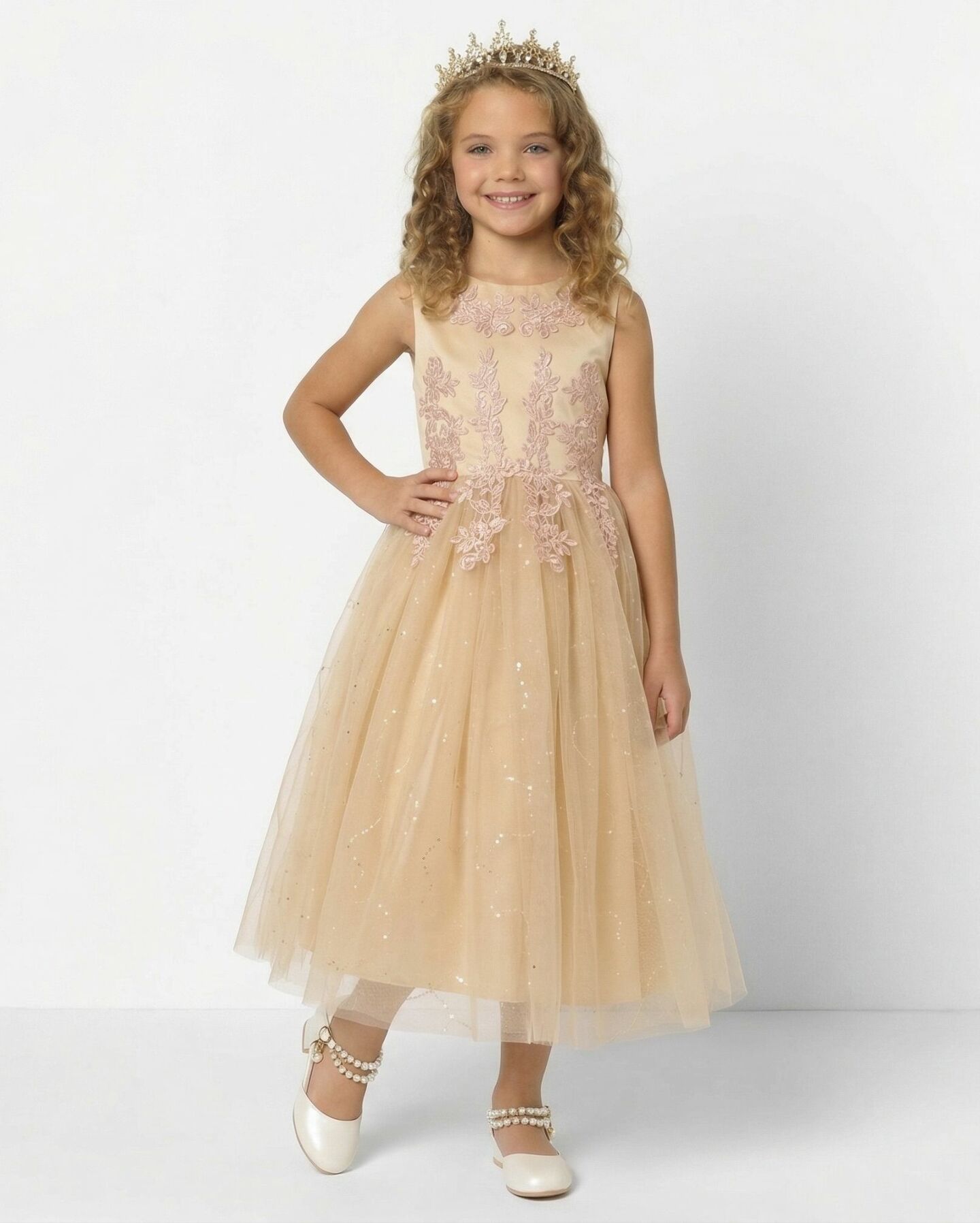 Harriet Beige Satin Lace Appliqué Girls Formal Dress with Glitter Tulle Skirt | Lucys