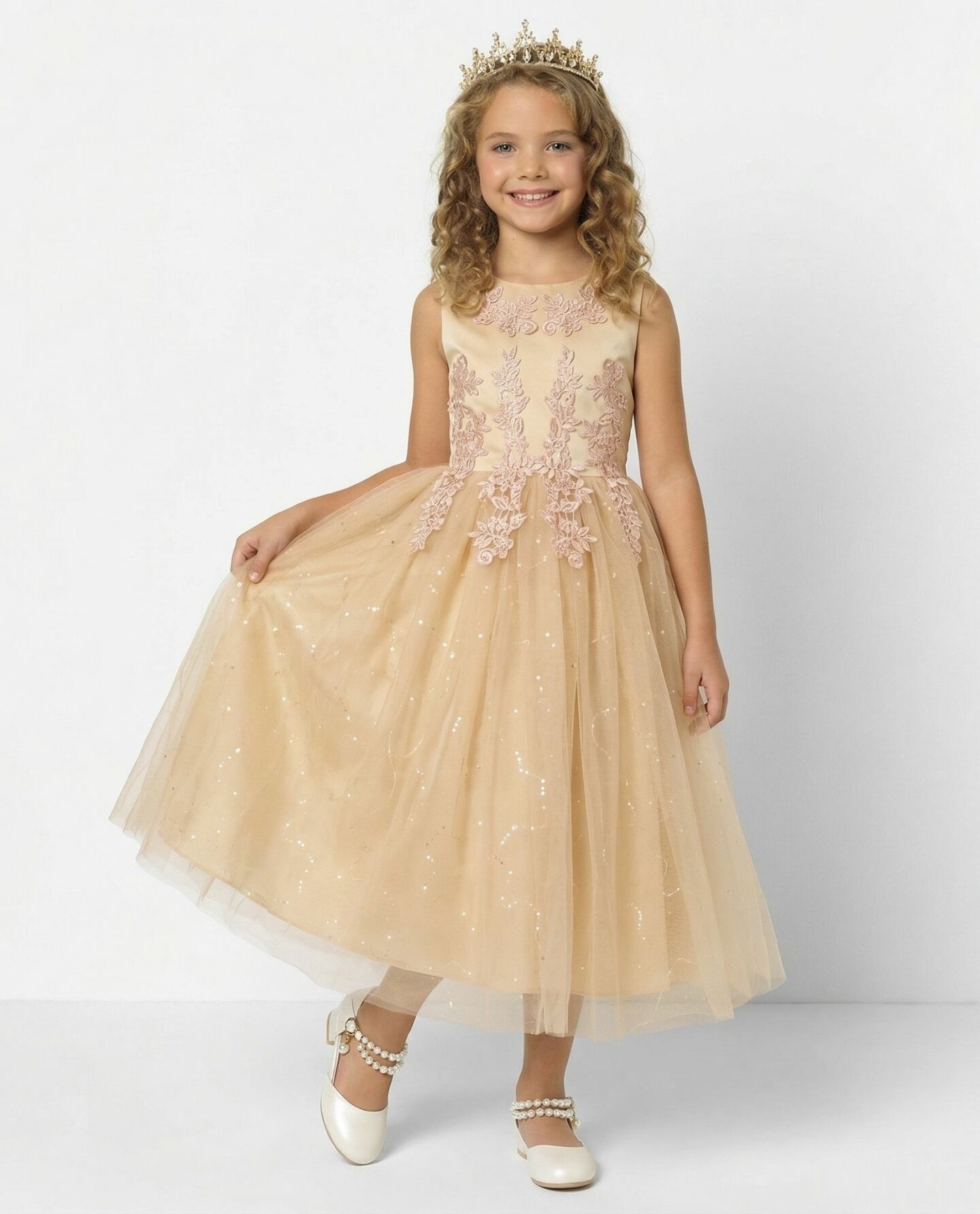 Harriet Beige Satin Lace Appliqué Girls Formal Dress with Glitter Tulle Skirt | Lucys