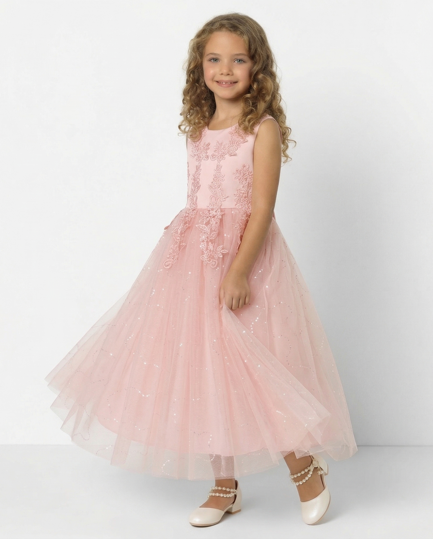 Harriet Peach Satin Lace Appliqué Girls Formal Dress with Glitter Tulle Skirt | Lucys