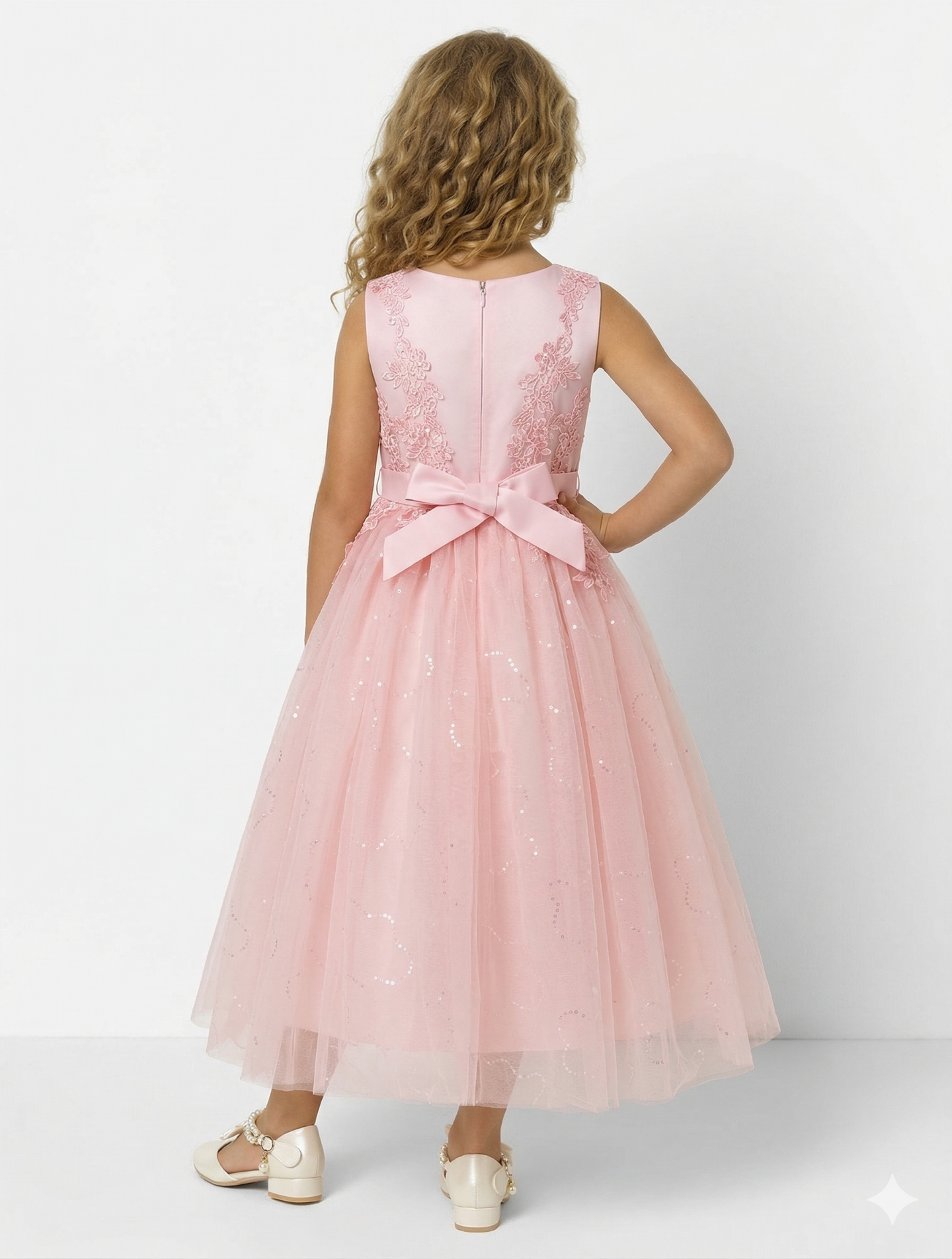 Harriet Peach Satin Lace Appliqué Girls Formal Dress with Glitter Tulle Skirt | Lucys