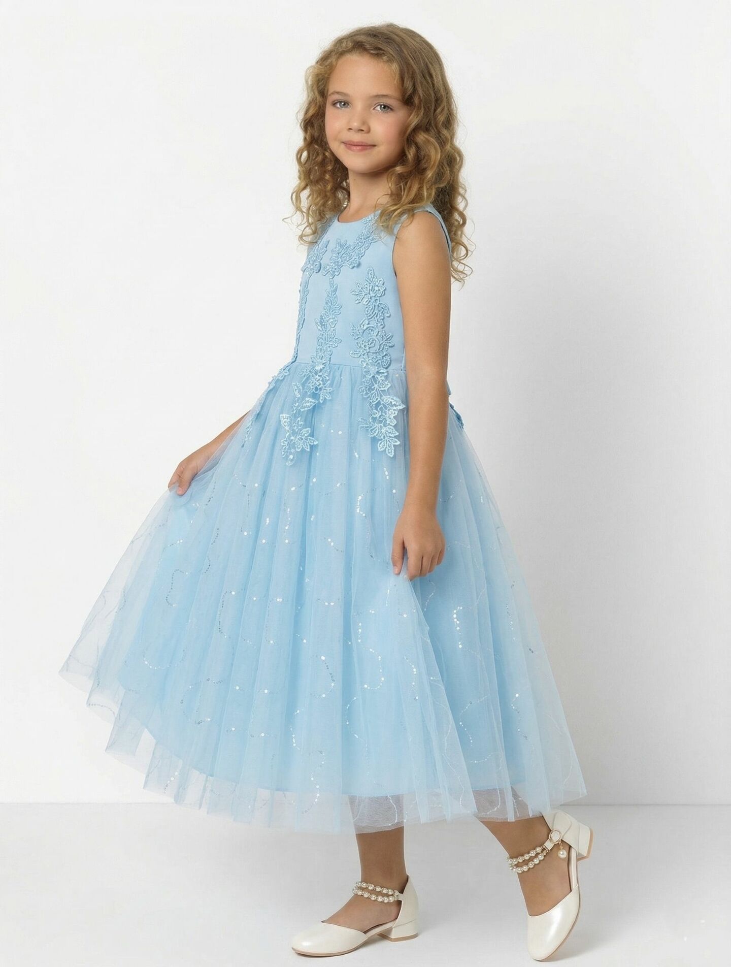 Harriet Light Blue Satin Lace Appliqué Girls Formal Dress with Glitter Tulle Skirt | Lucys