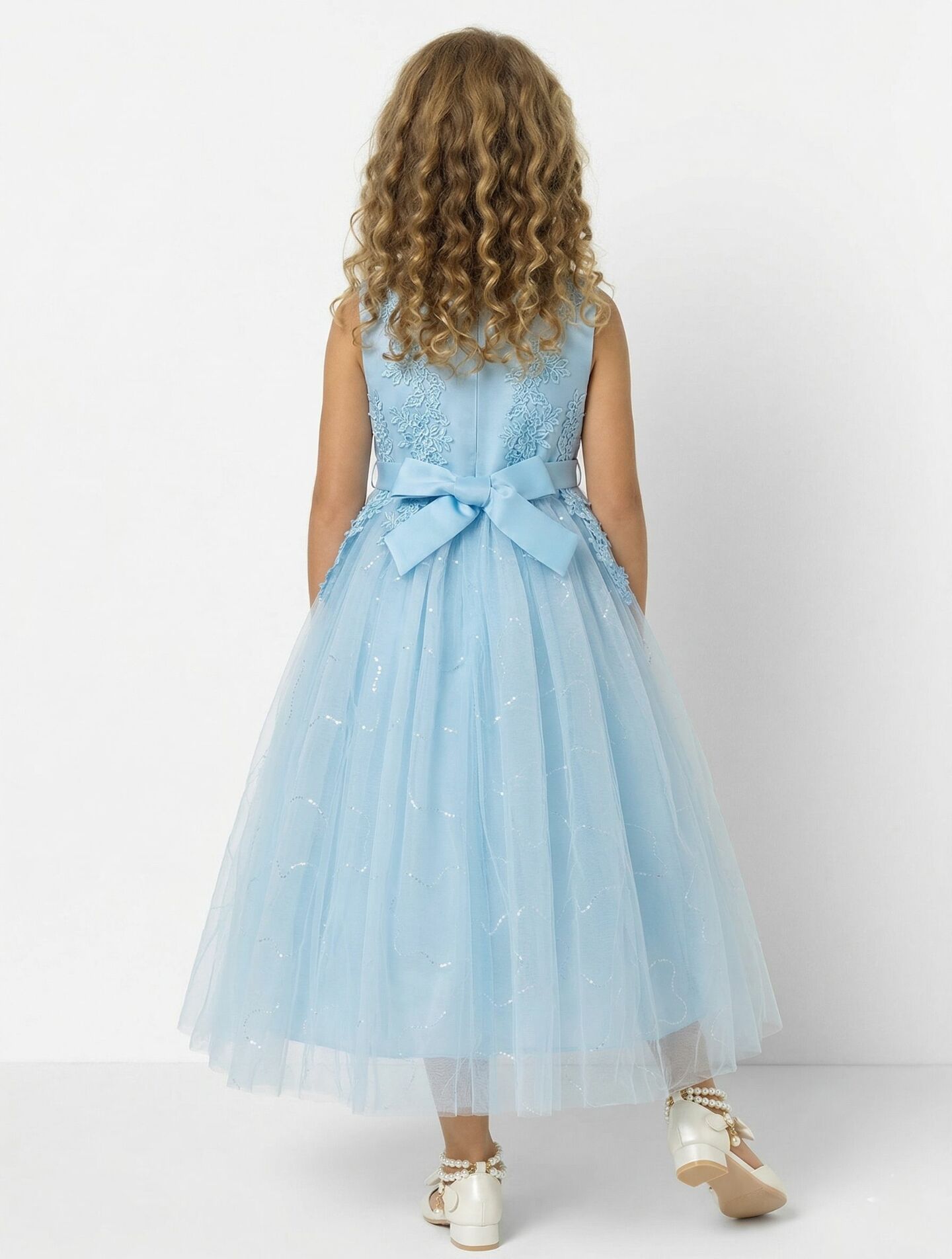 Harriet Light Blue Satin Lace Appliqué Girls Formal Dress with Glitter Tulle Skirt | Lucys
