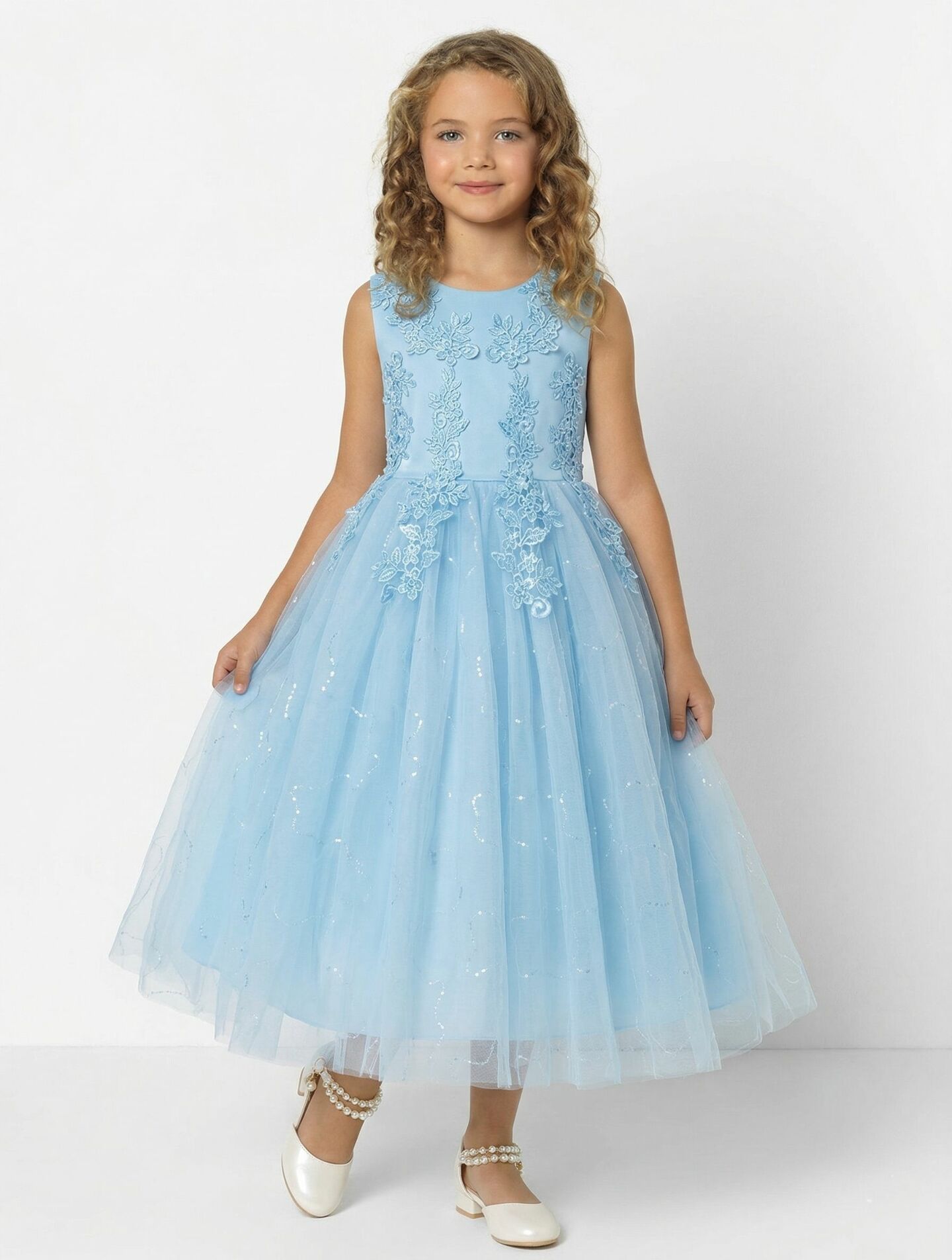 Harriet Light Blue Satin Lace Appliqué Girls Formal Dress with Glitter Tulle Skirt | Lucys