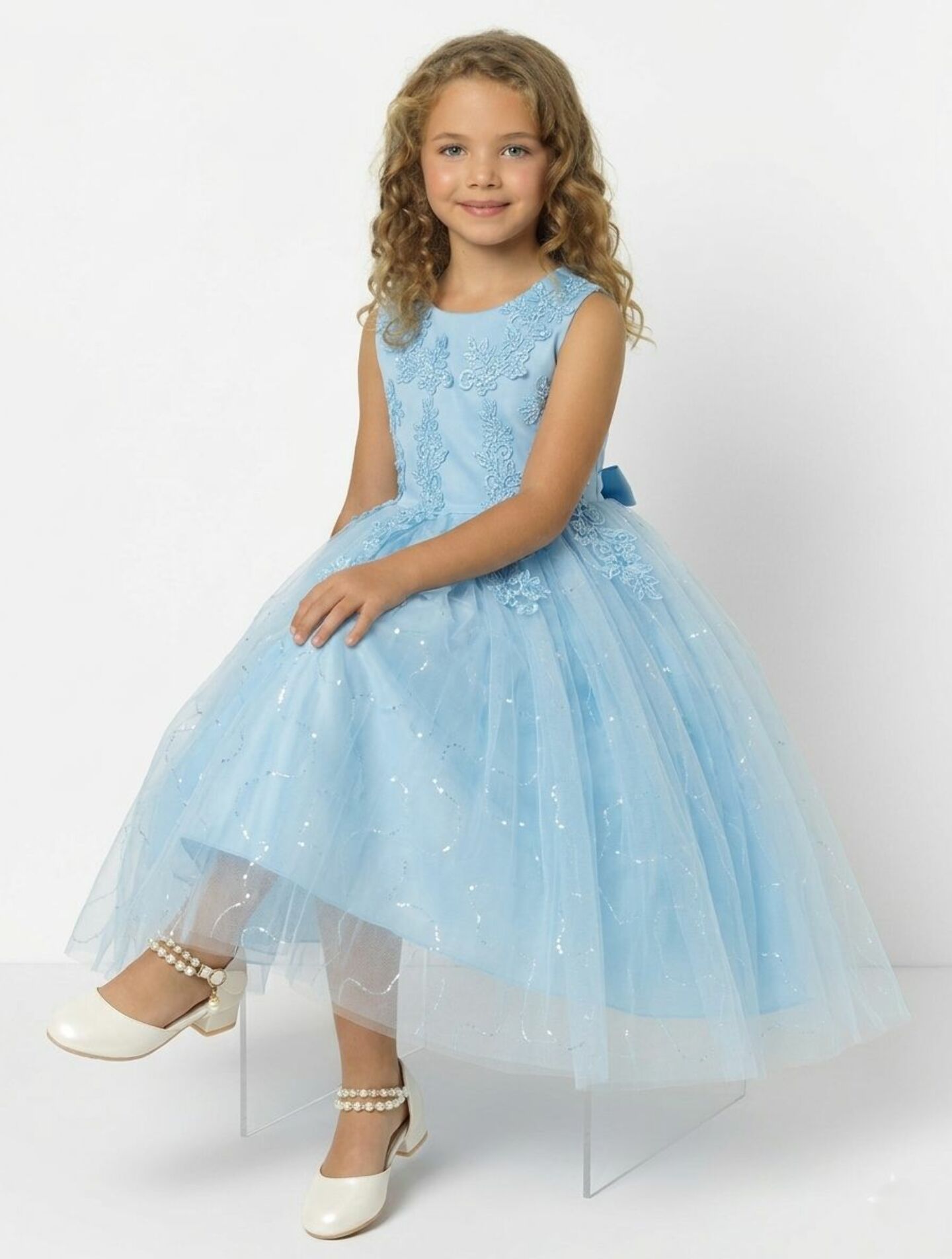 Harriet Light Blue Satin Lace Appliqué Girls Formal Dress with Glitter Tulle Skirt | Lucys