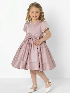 Agnes Pink Satin Pearl-Trimmed Short Sleeve Young Girls Formal Dress with Oversized Bow | Lucys