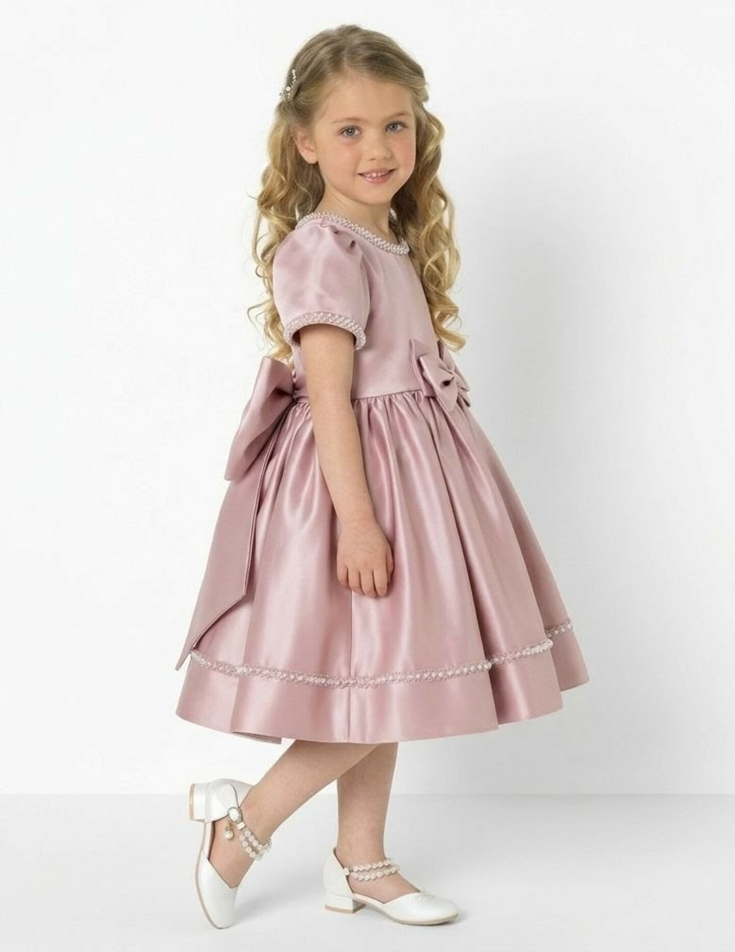 Agnes Pink Satin Pearl-Trimmed Short Sleeve Young Girls Formal Dress with Oversized Bow | Lucys