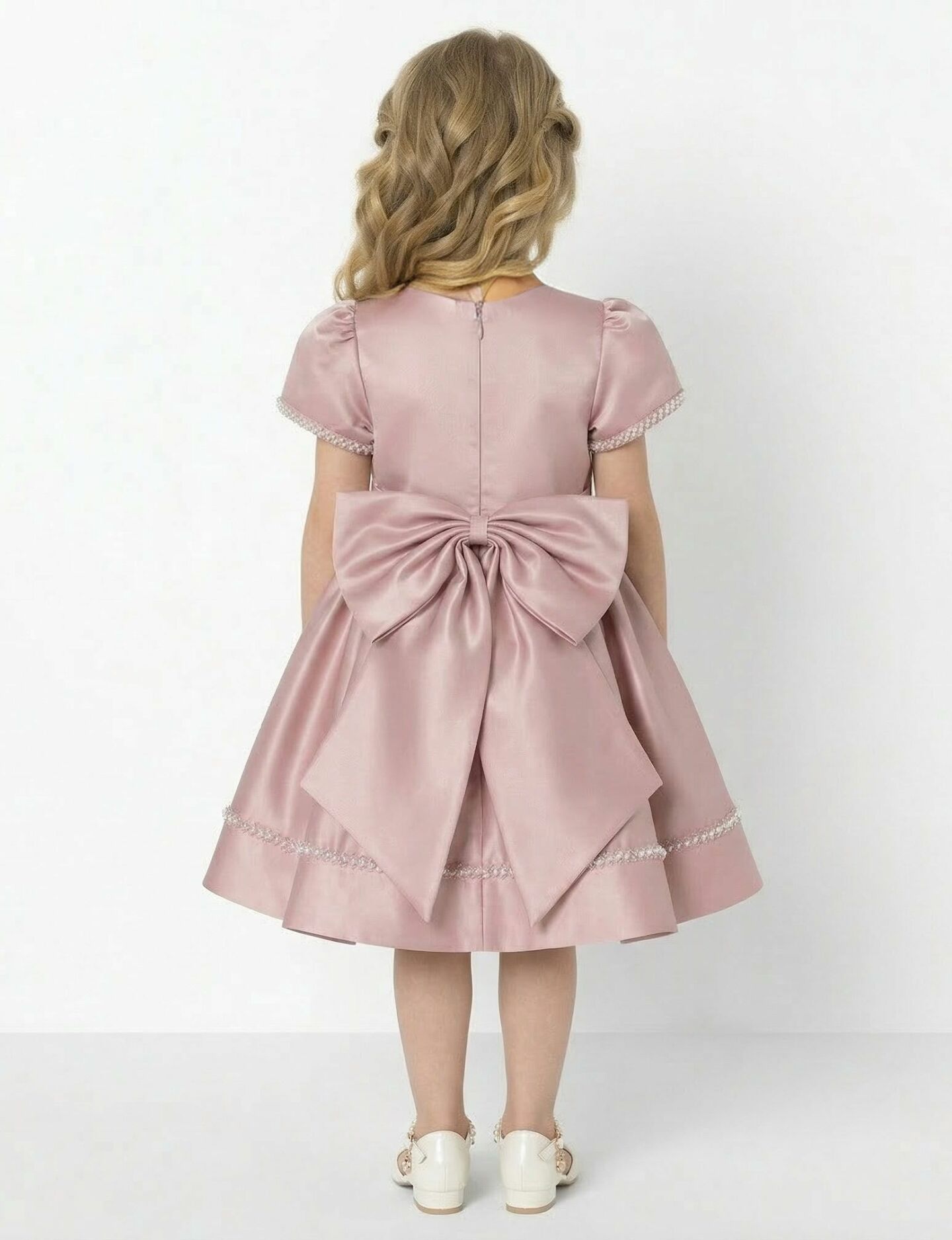 Agnes Pink Satin Pearl-Trimmed Short Sleeve Young Girls Formal Dress with Oversized Bow | Lucys