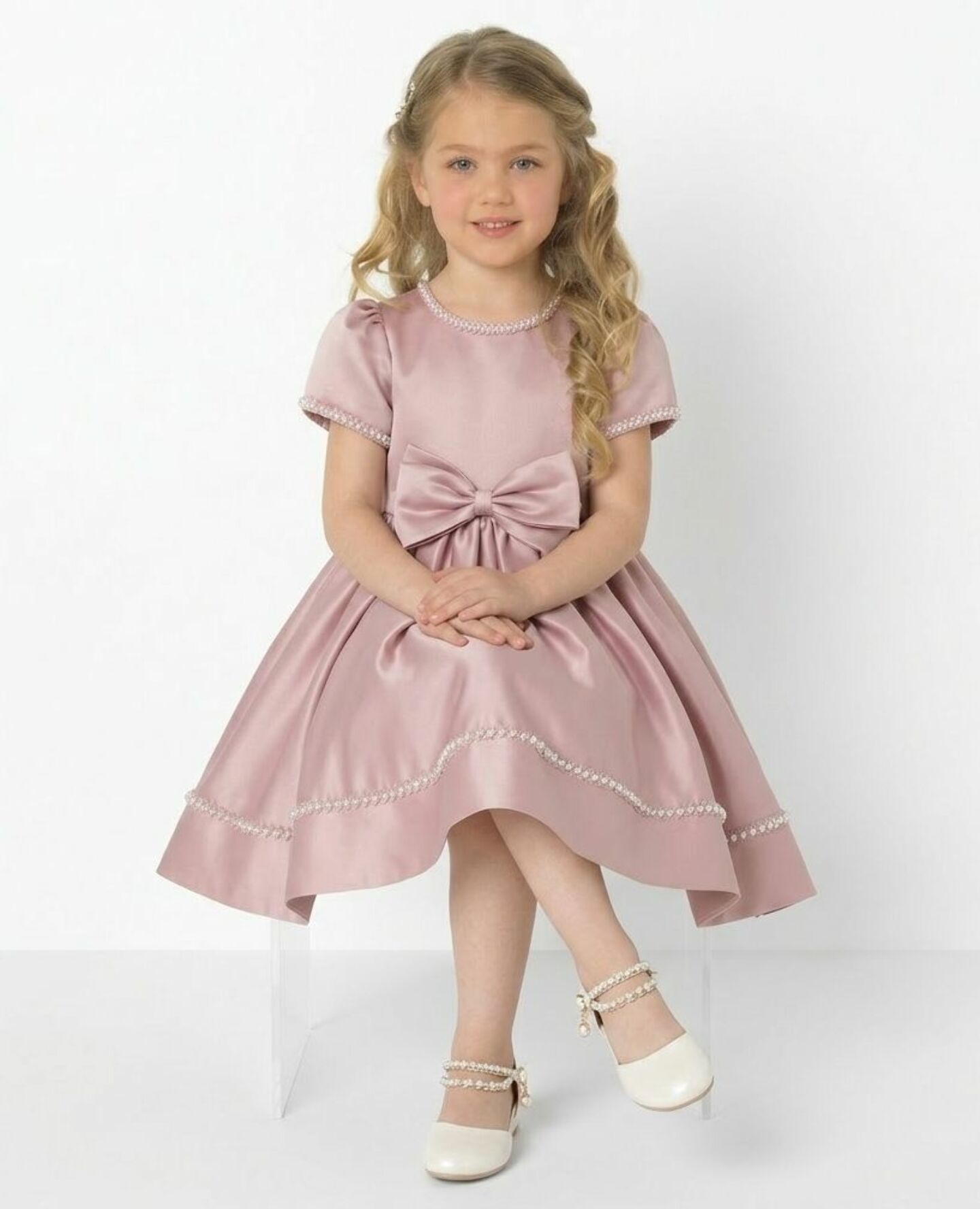 Agnes Pink Satin Pearl-Trimmed Short Sleeve Young Girls Formal Dress with Oversized Bow | Lucys