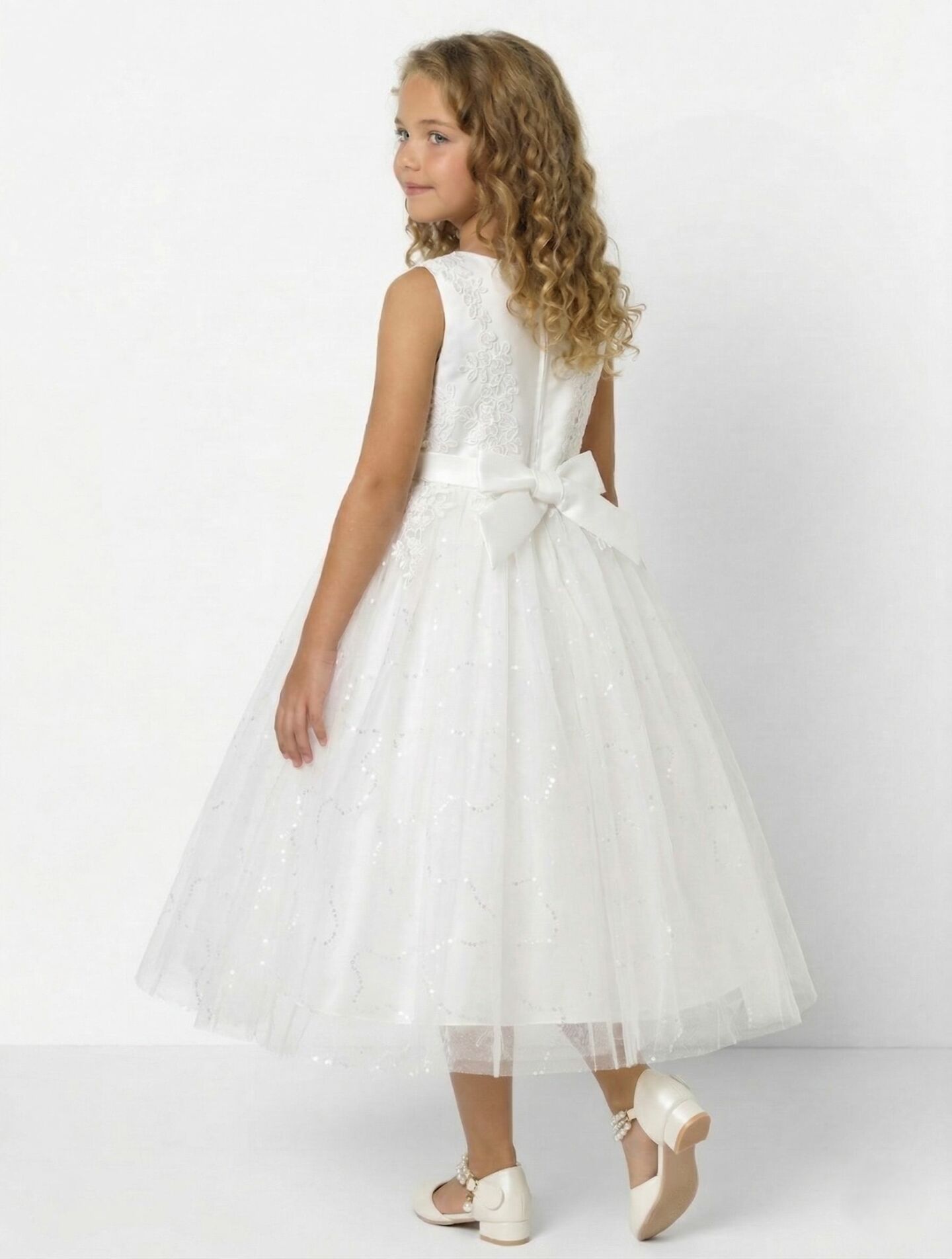 Harriet White Floral Lace Appliqué Girls First Holy Communion Dress with Sequin Tulle Skirt | Lucys
