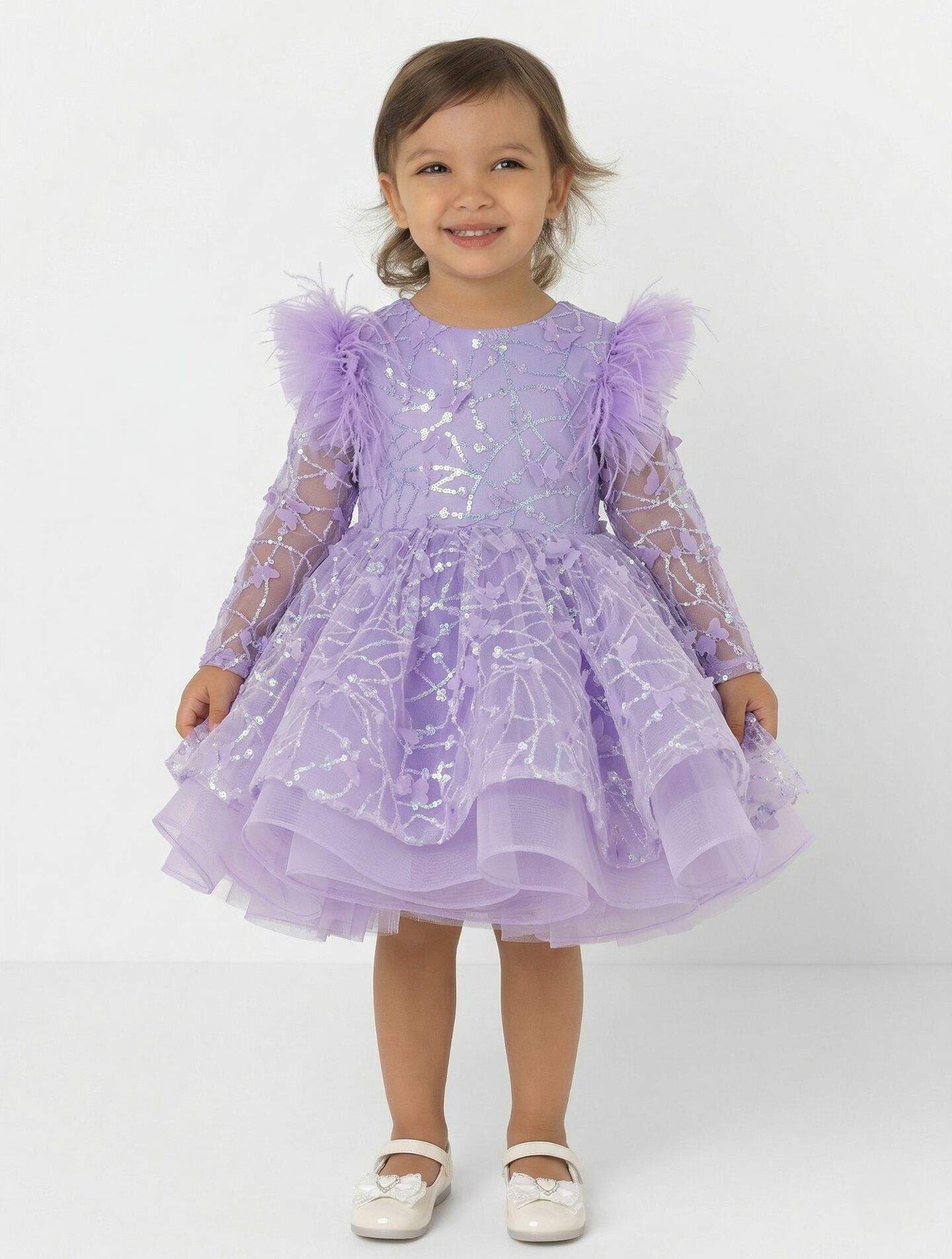 BoBo Lavender Sequin Long Sleeve Puff Toddler & Young Girls Party Dress | Lucys