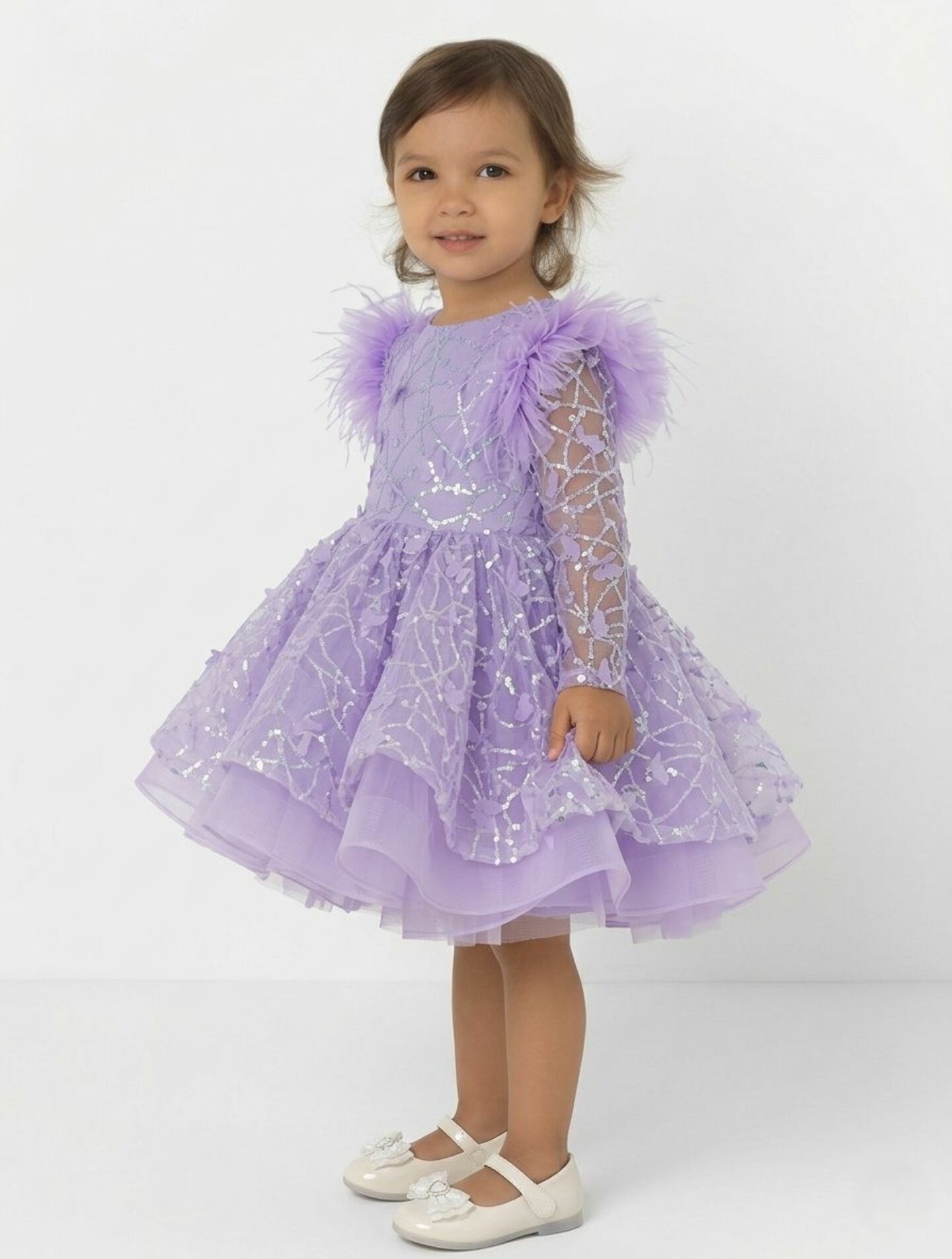 BoBo Lavender Sequin Long Sleeve Puff Toddler & Young Girls Party Dress | Lucys