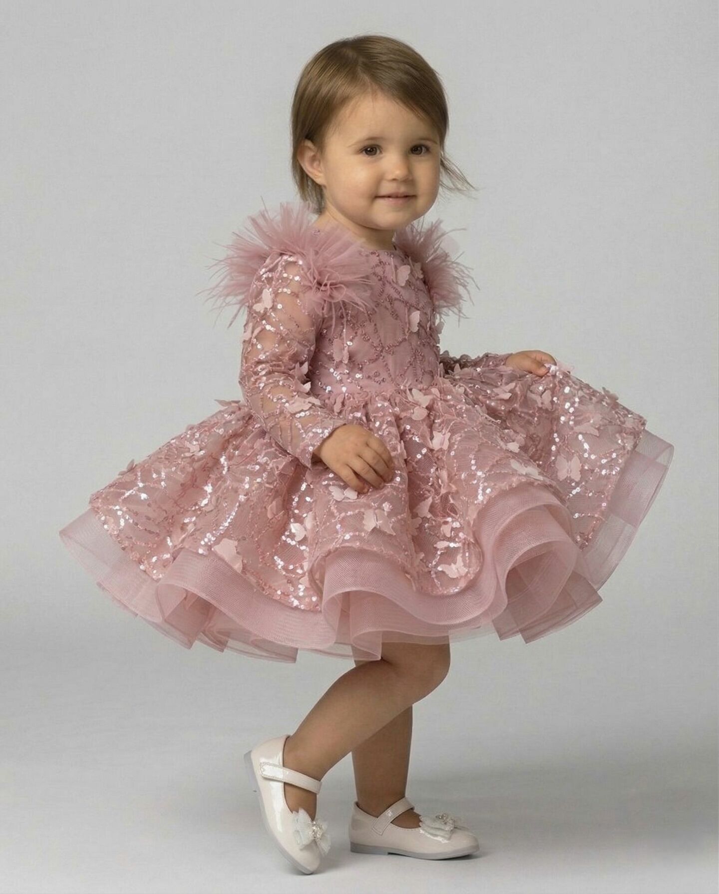 BoBo Dusty Pink Sequin Long Sleeve Puff Baby Party Dress | Lucys