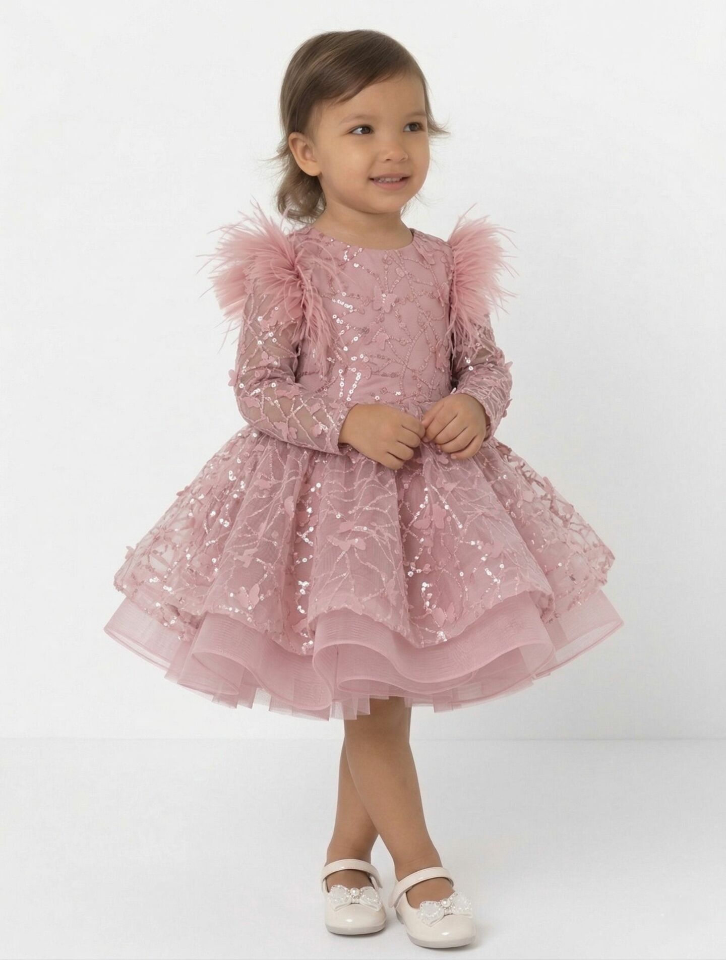 BoBo Dusty Pink Sequin Long Sleeve Puff Toddler & Young Girls Party Dress | Lucys