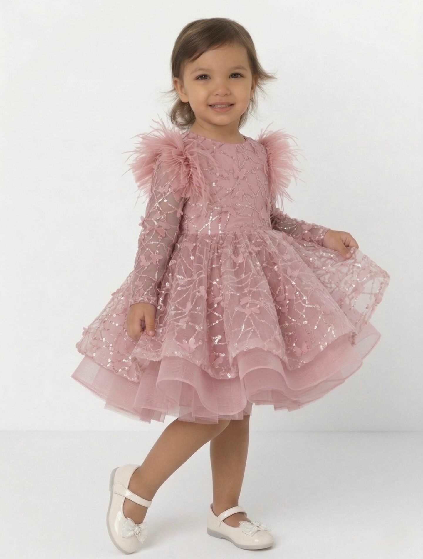 BoBo Dusty Pink Sequin Long Sleeve Puff Toddler & Young Girls Party Dress | Lucys
