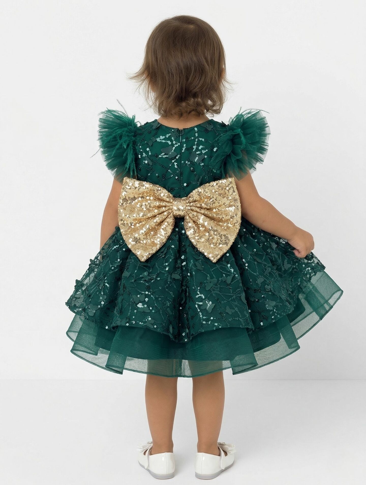 Connie Forest Green & Gold Sequin Puff Sleeve Toddler & Young Girls Party Dress | Lucys