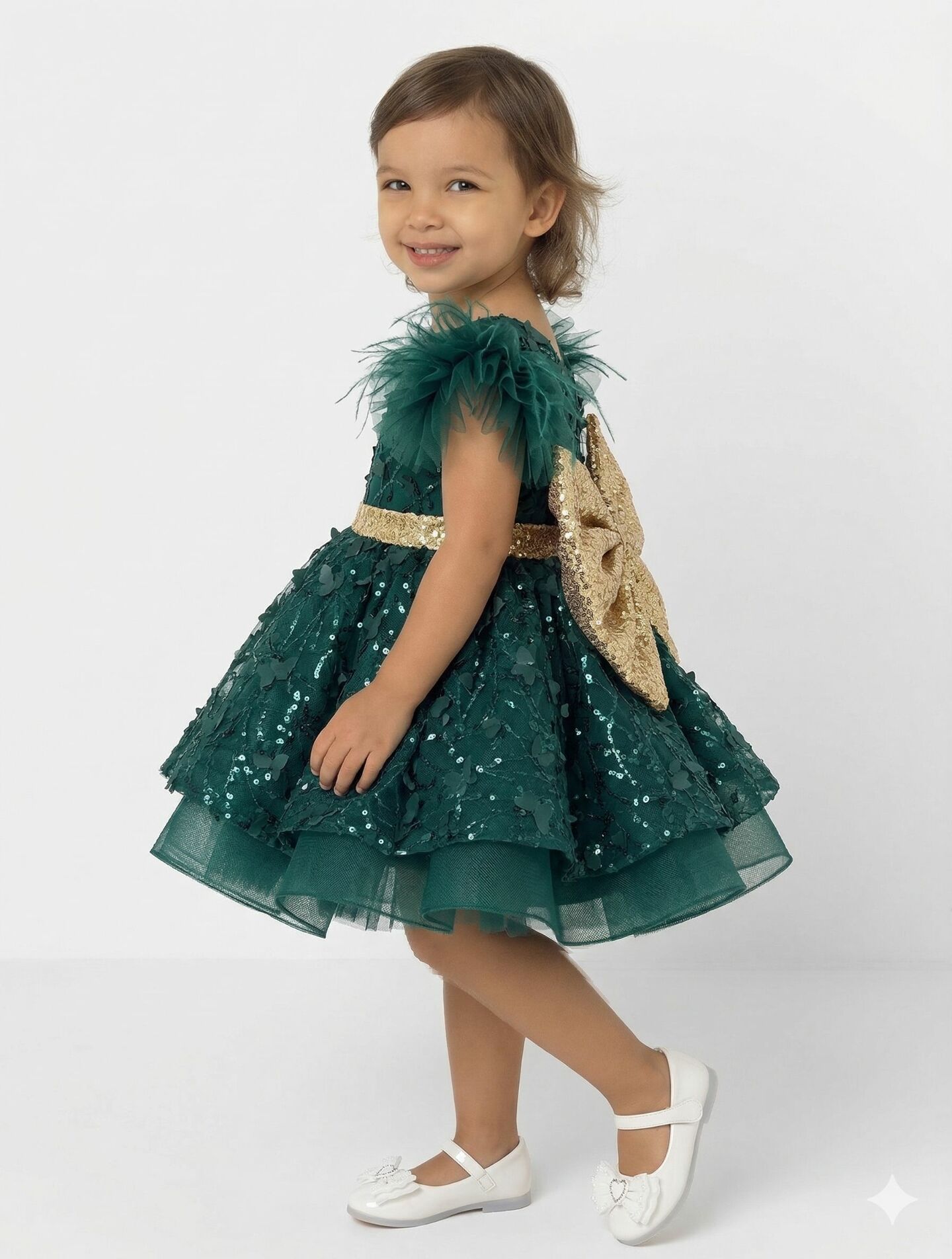 Connie Forest Green & Gold Sequin Puff Sleeve Toddler & Young Girls Party Dress | Lucys