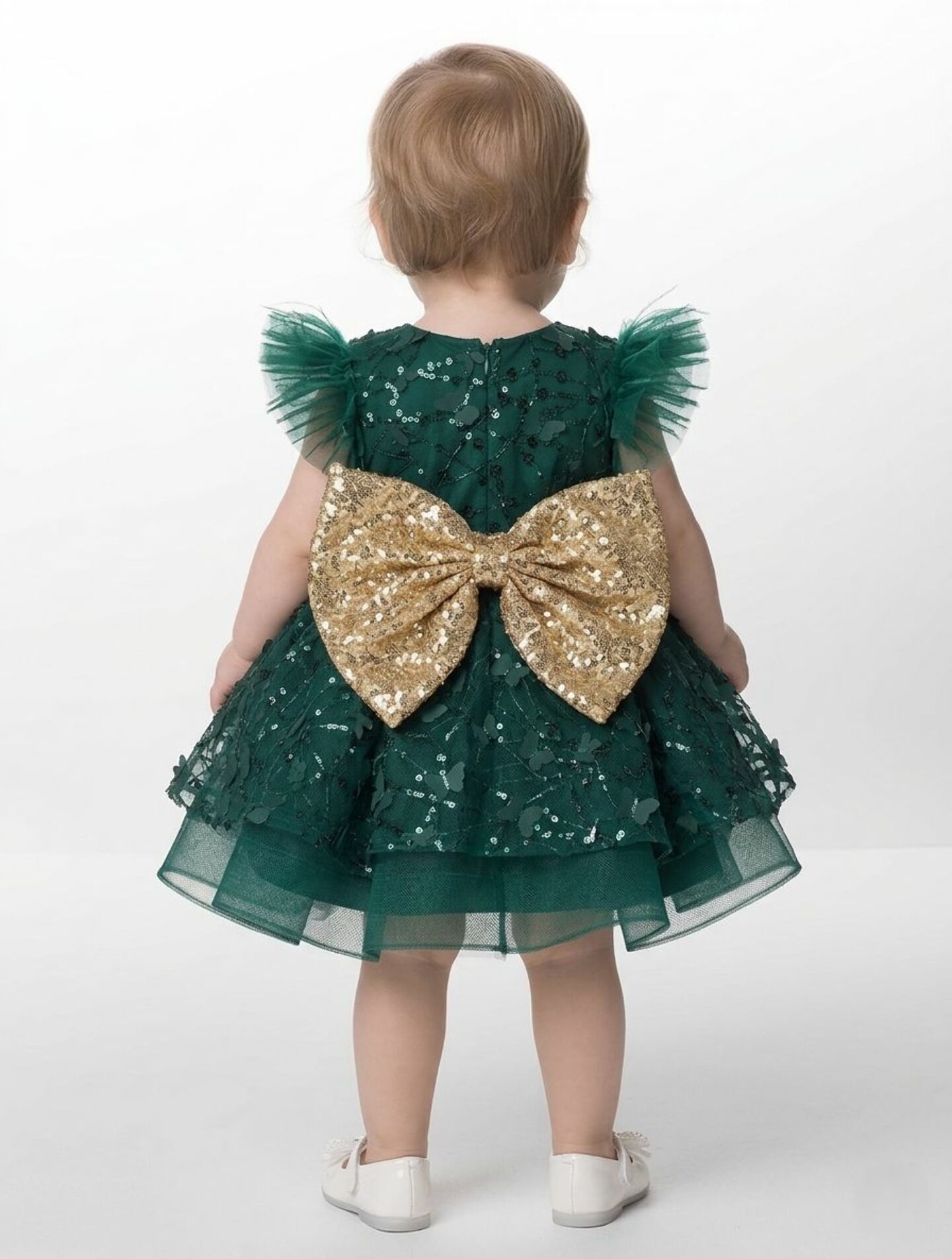 Connie Forest Green & Gold Sequin Puff Sleeve Baby Party Dress