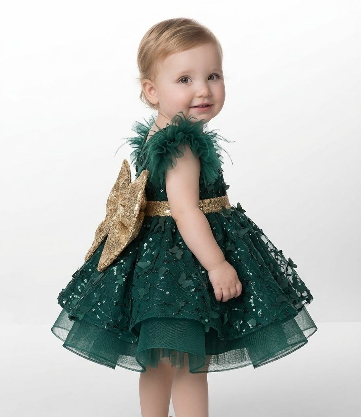 Connie Forest Green & Gold Sequin Puff Sleeve Baby Party Dress