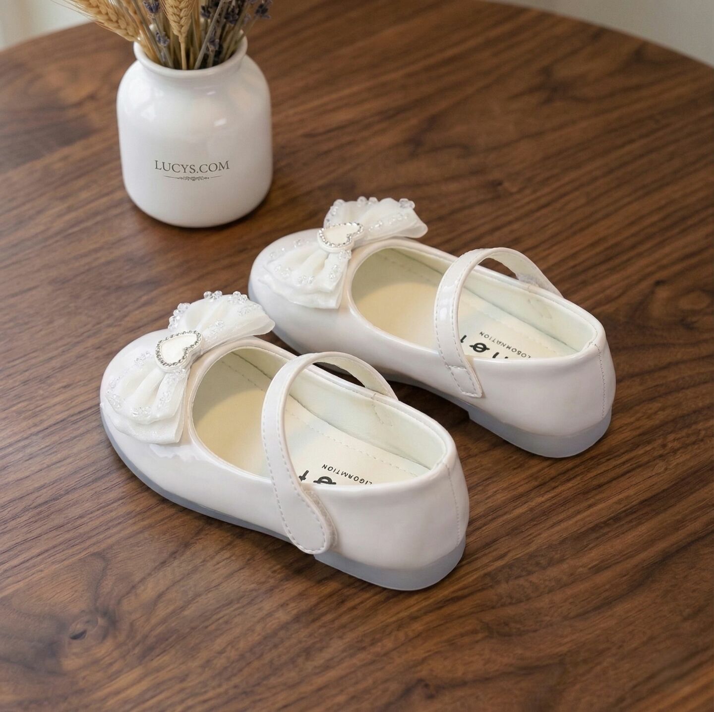 Girls Ivory Patent Heart Bow Mary Jane Flat Dress Shoes | Lucys