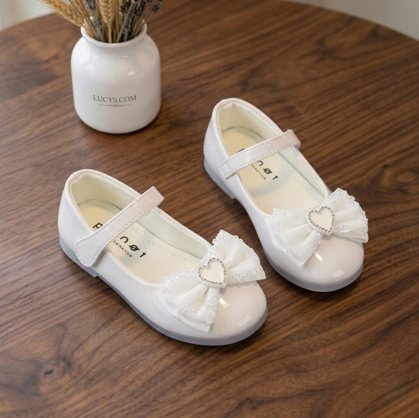 Girls Ivory Patent Heart Bow Mary Jane Flat Dress Shoes | Lucys