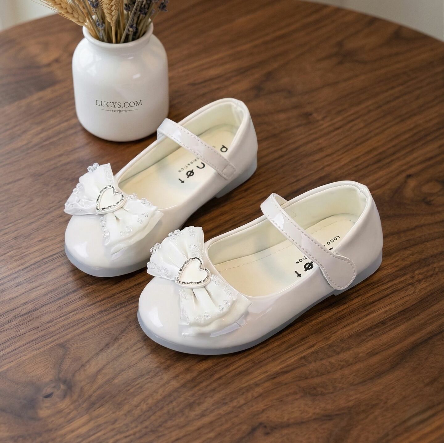Girls Ivory Patent Heart Bow Mary Jane Flat Dress Shoes | Lucys