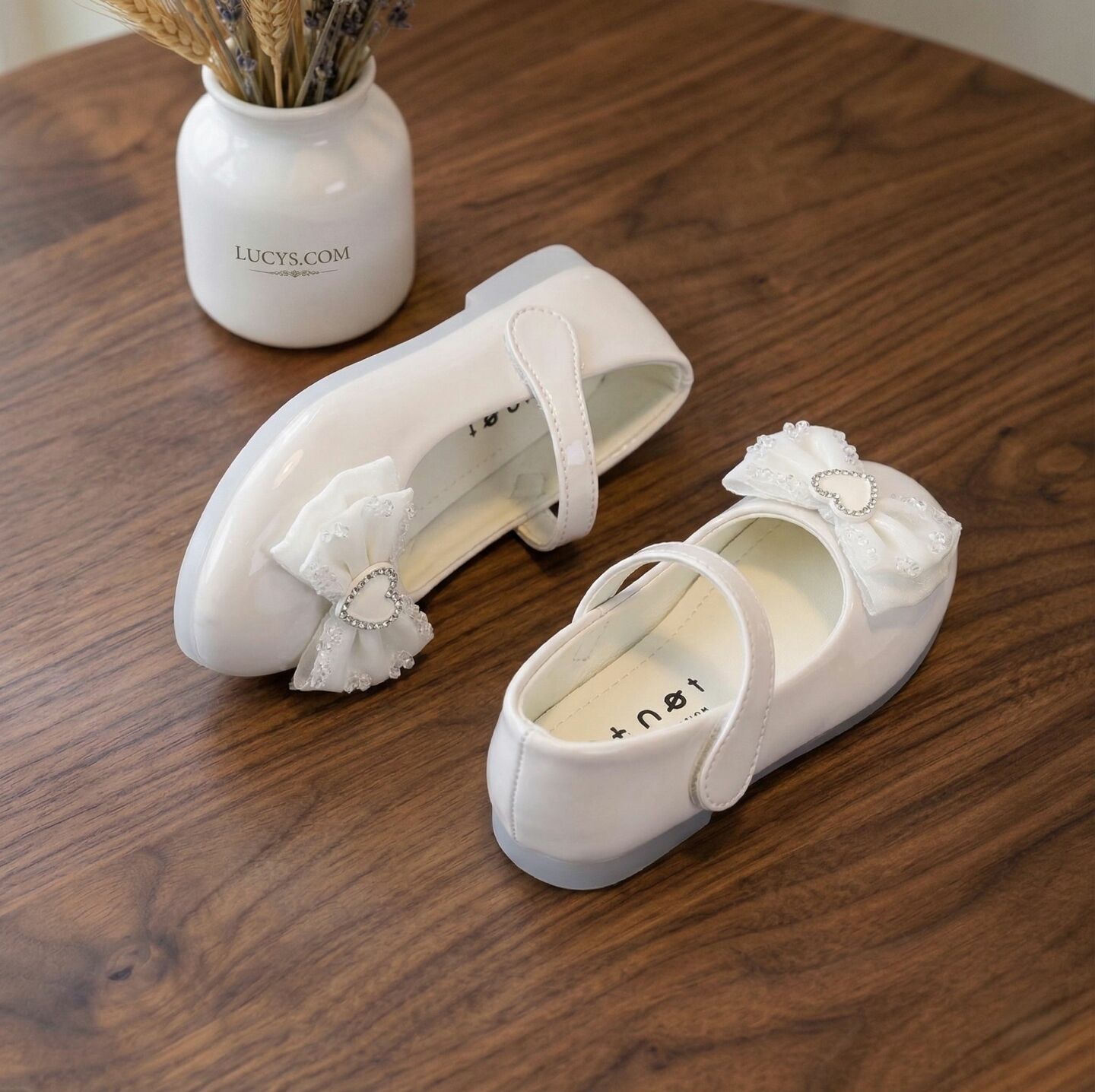 Girls Ivory Patent Heart Bow Mary Jane Flat Dress Shoes | Lucys