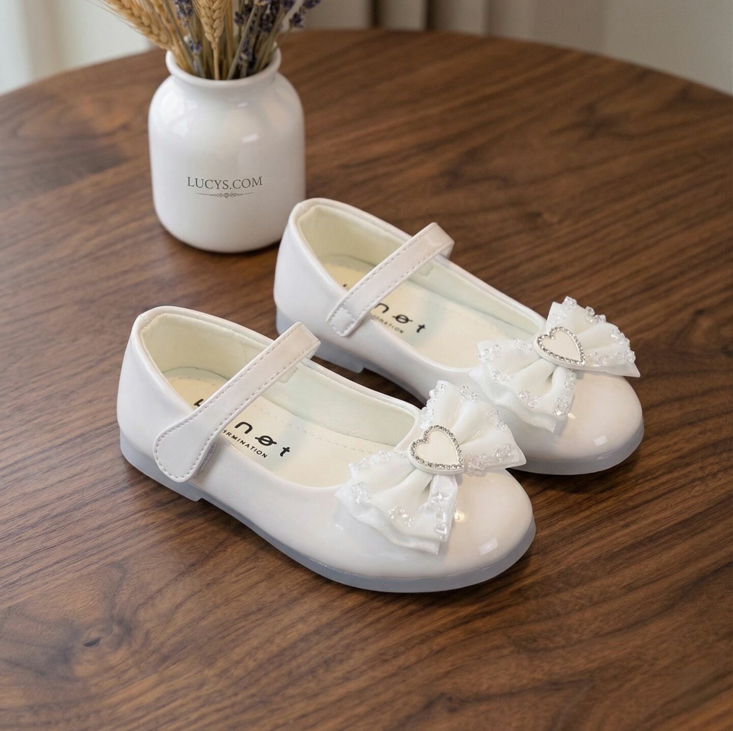 Girls Ivory Patent Heart Bow Mary Jane Flat Dress Shoes | Lucys