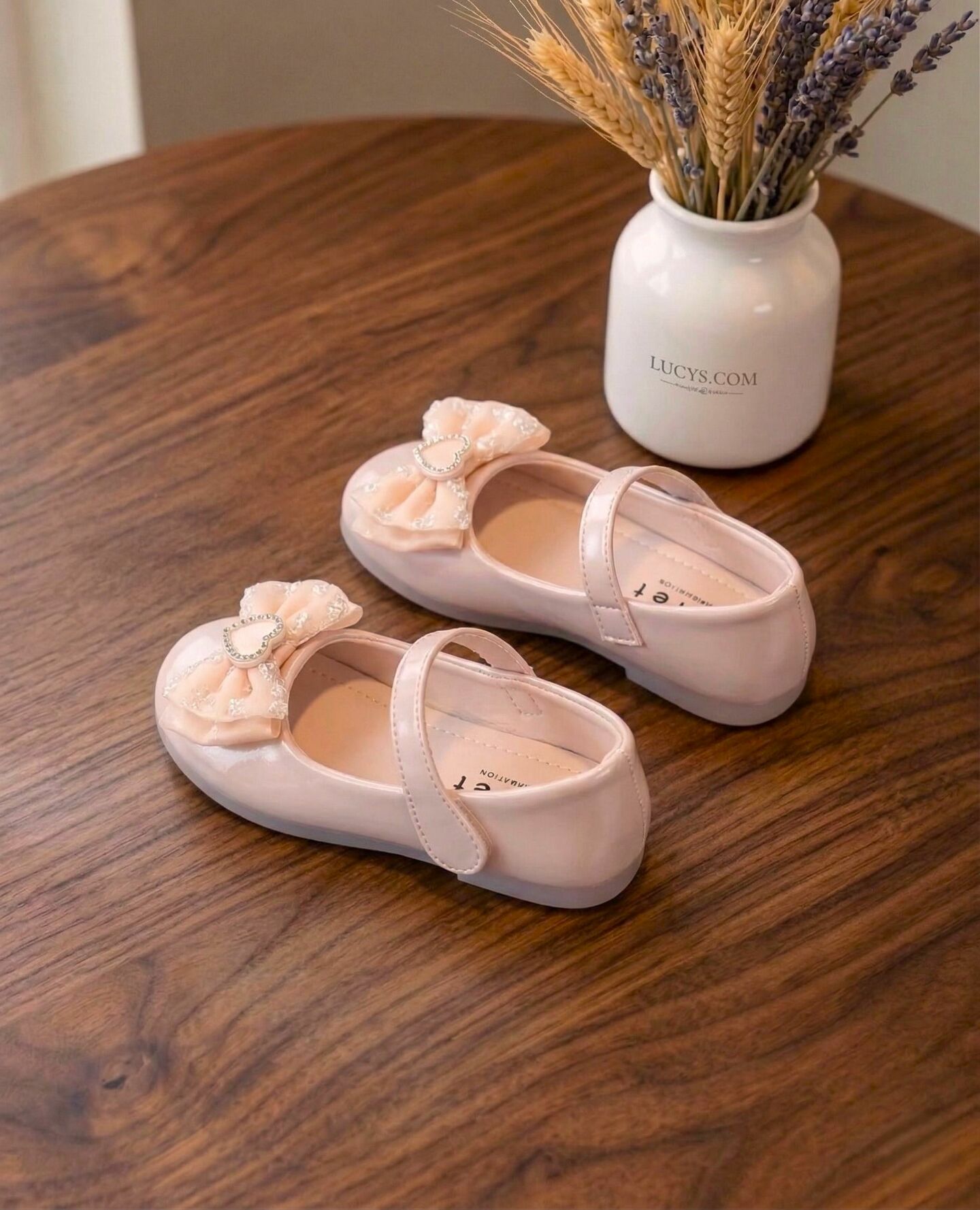 Girls Peach Patent Heart Bow Mary Jane Flat Dress Shoes | Lucys