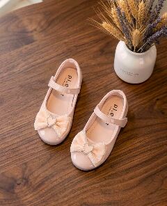 Girls Peach Patent Heart Bow Mary Jane Flat Dress Shoes | Lucys
