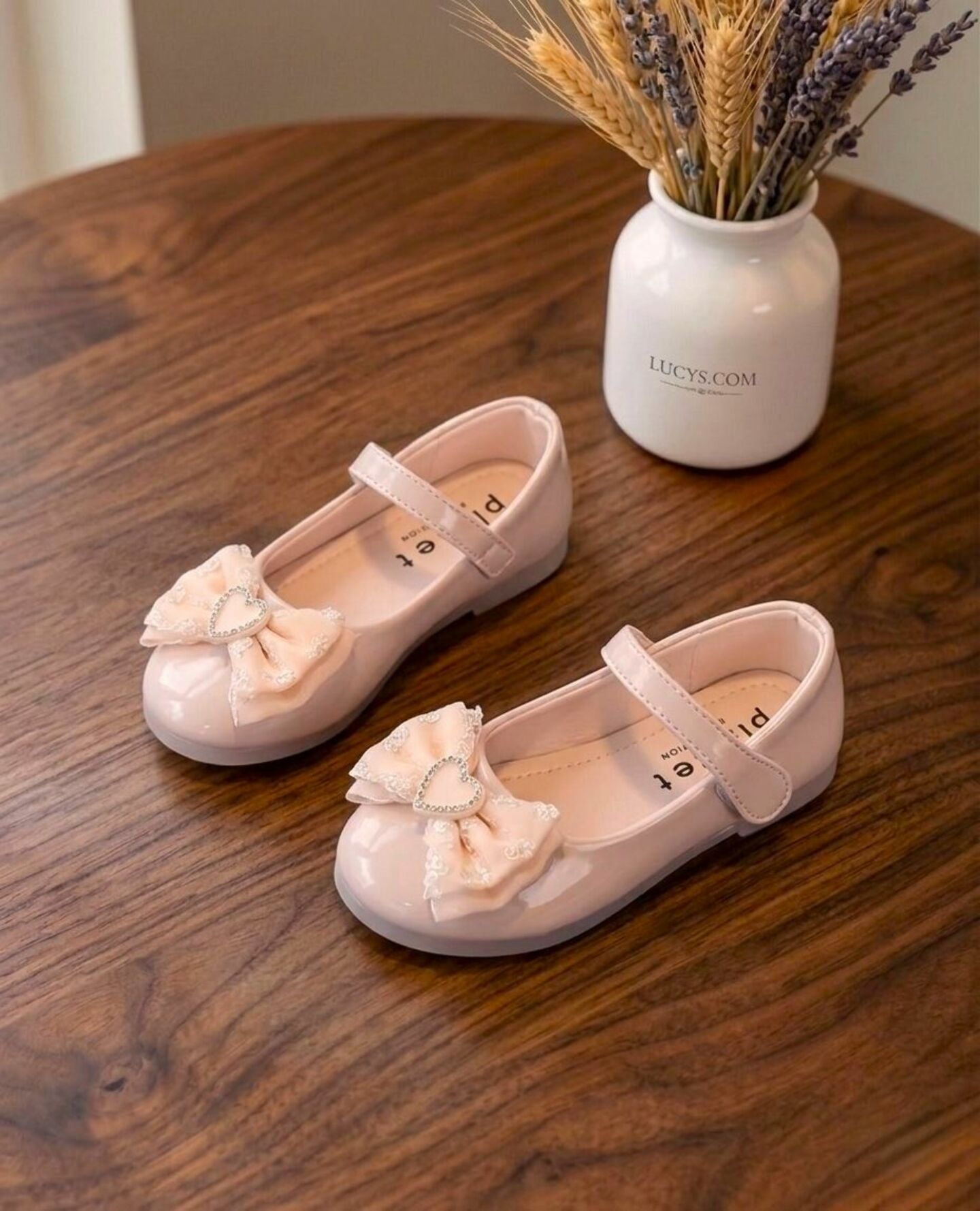 Girls Peach Patent Heart Bow Mary Jane Flat Dress Shoes | Lucys
