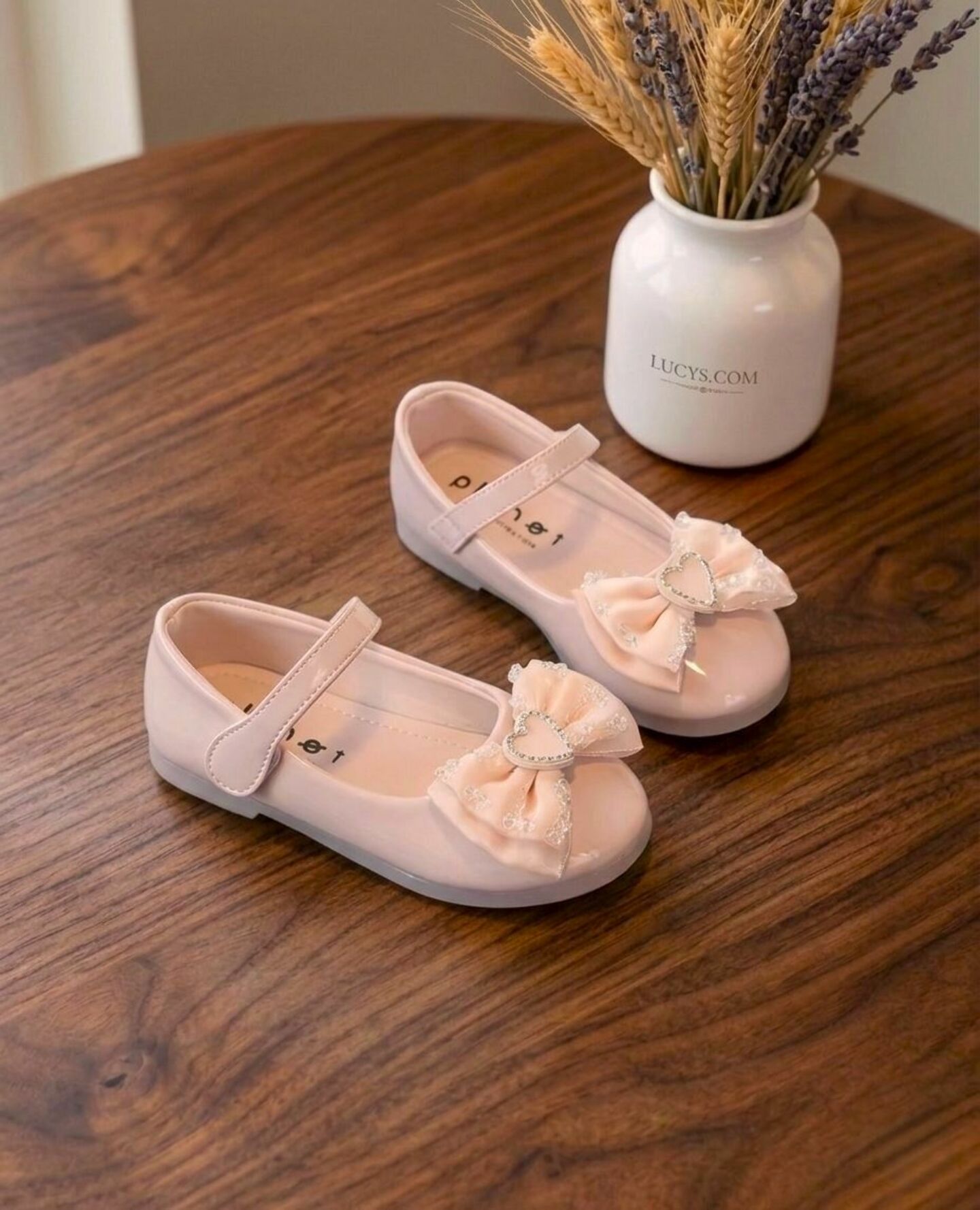 Girls Peach Patent Heart Bow Mary Jane Flat Dress Shoes | Lucys