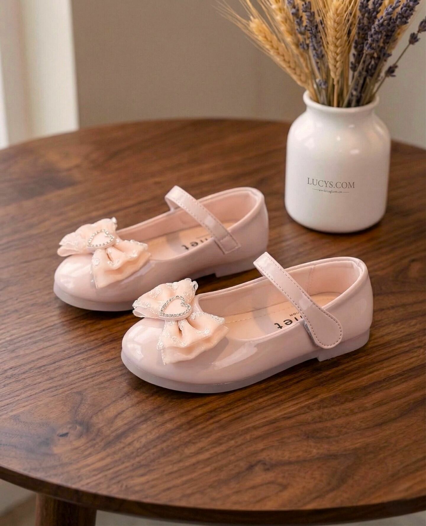 Girls Peach Patent Heart Bow Mary Jane Flat Dress Shoes | Lucys