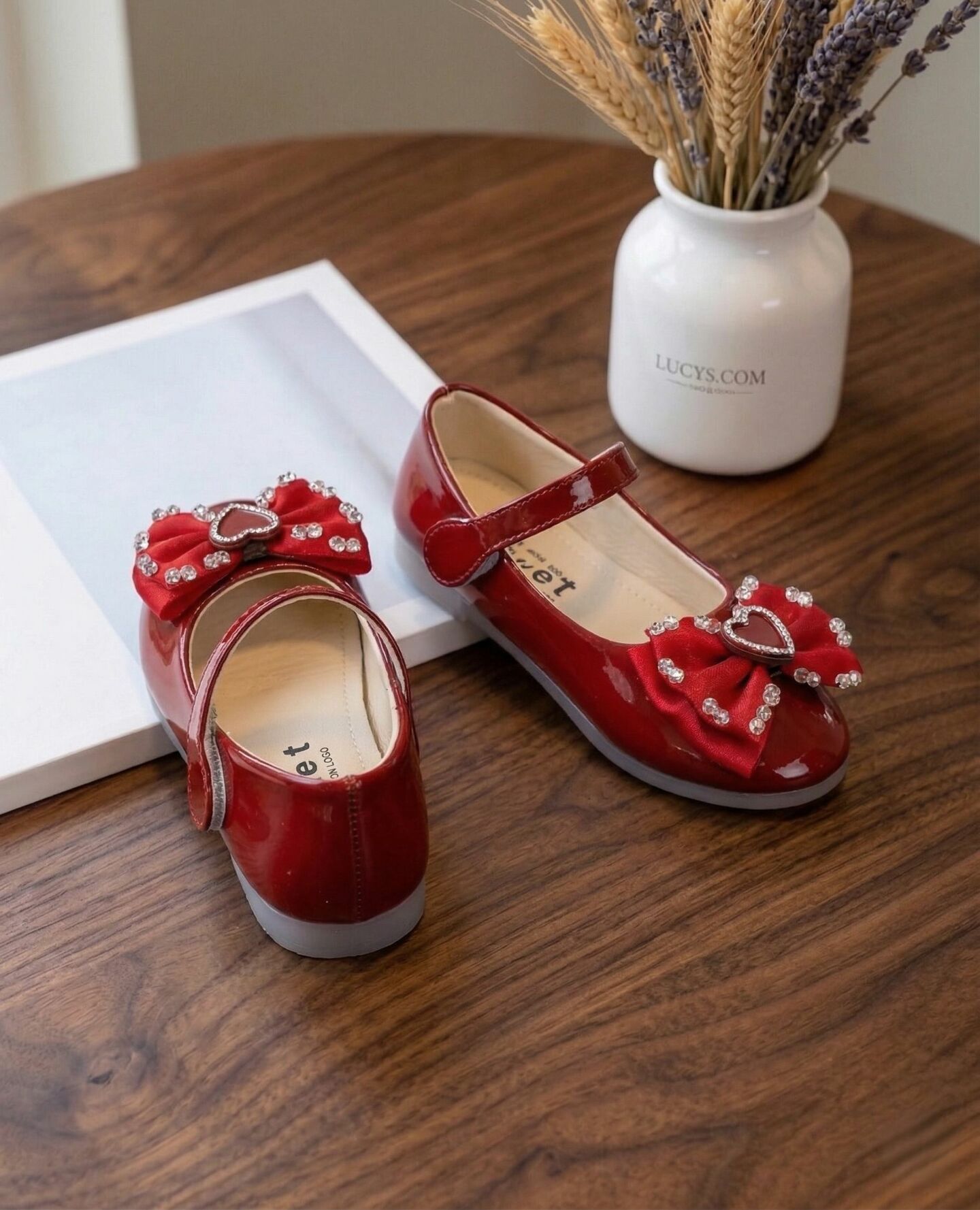 Girls Maroon Patent Heart Bow Mary Jane Flat Dress Shoes | Lucys