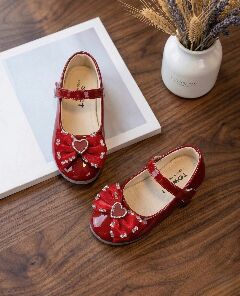 Girls Maroon Patent Heart Bow Mary Jane Flat Dress Shoes | Lucys