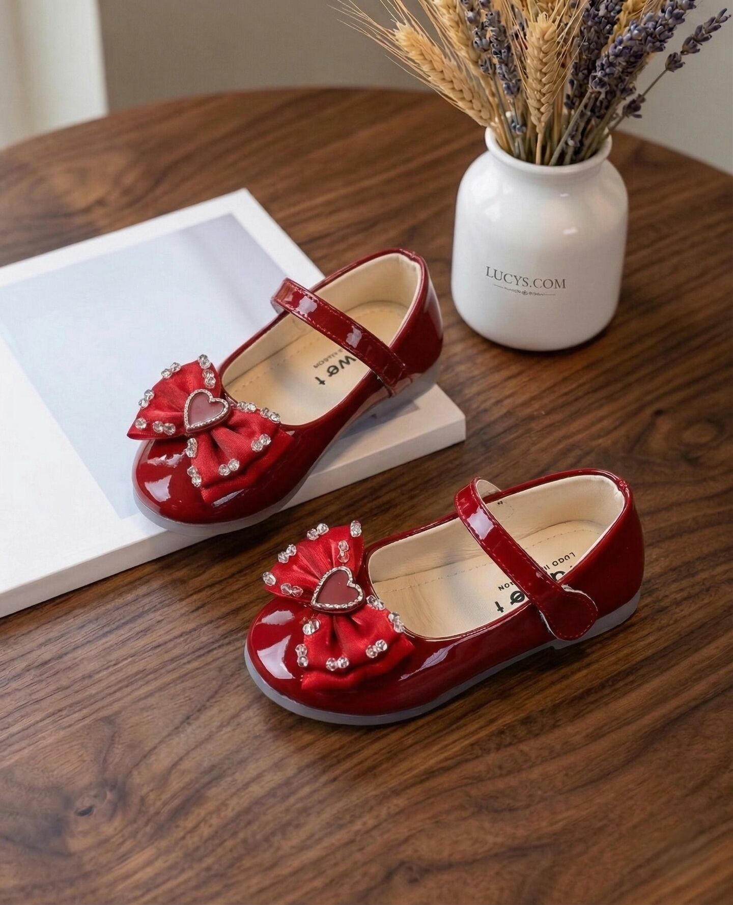 Girls Maroon Patent Heart Bow Mary Jane Flat Dress Shoes | Lucys