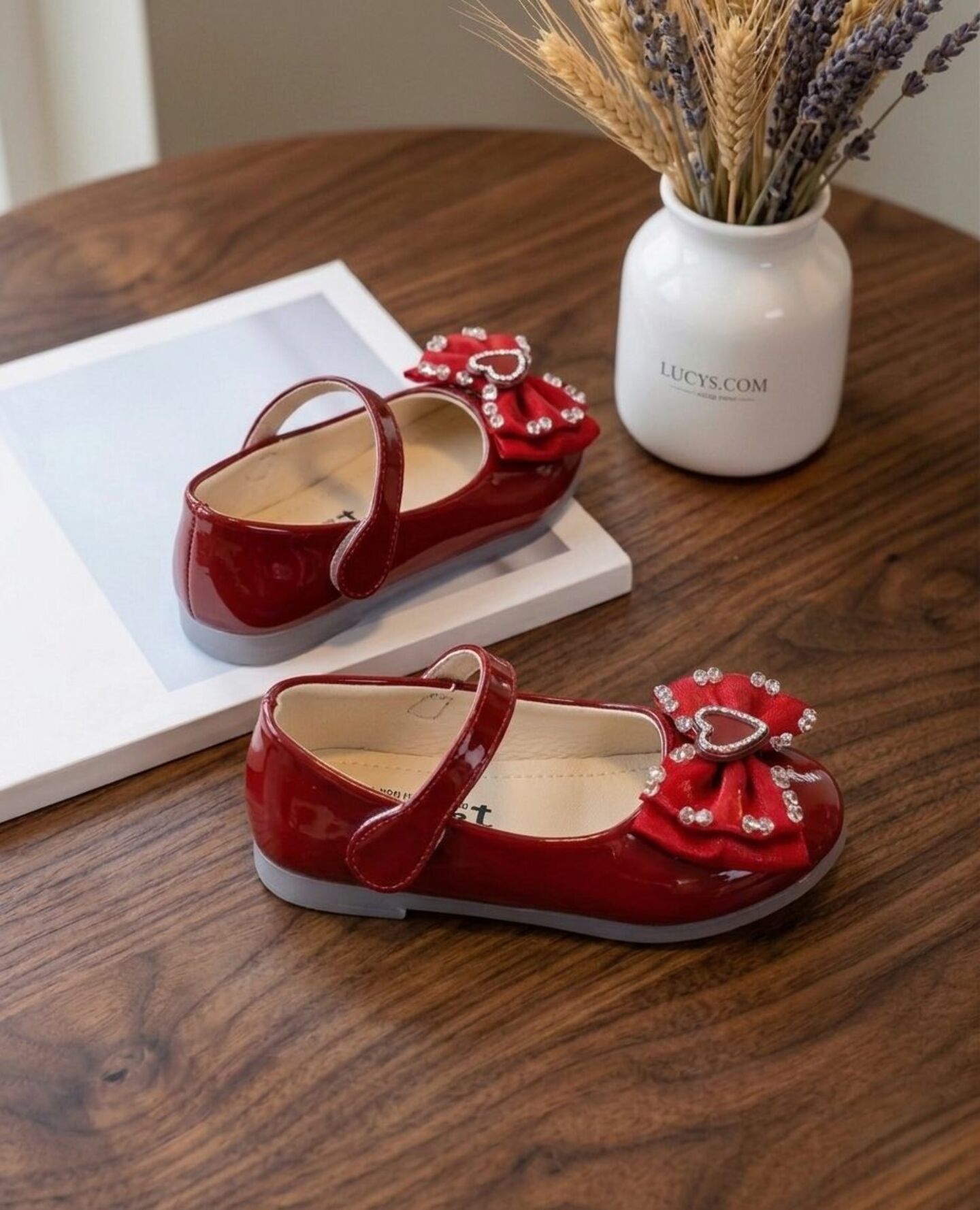 Girls Maroon Patent Heart Bow Mary Jane Flat Dress Shoes | Lucys