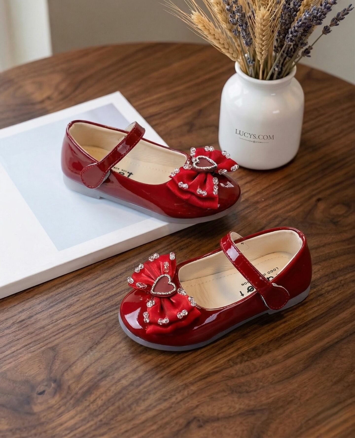 Girls Maroon Patent Heart Bow Mary Jane Flat Dress Shoes | Lucys