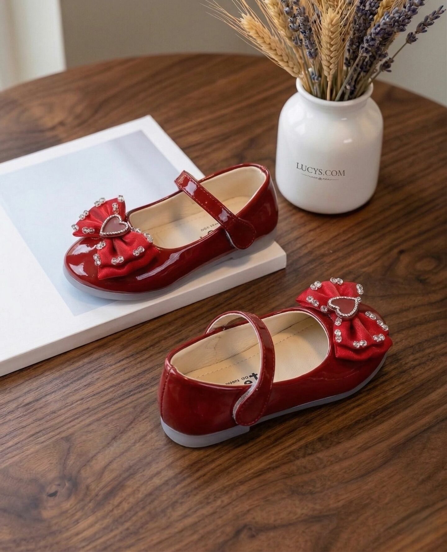Girls Maroon Patent Heart Bow Mary Jane Flat Dress Shoes | Lucys