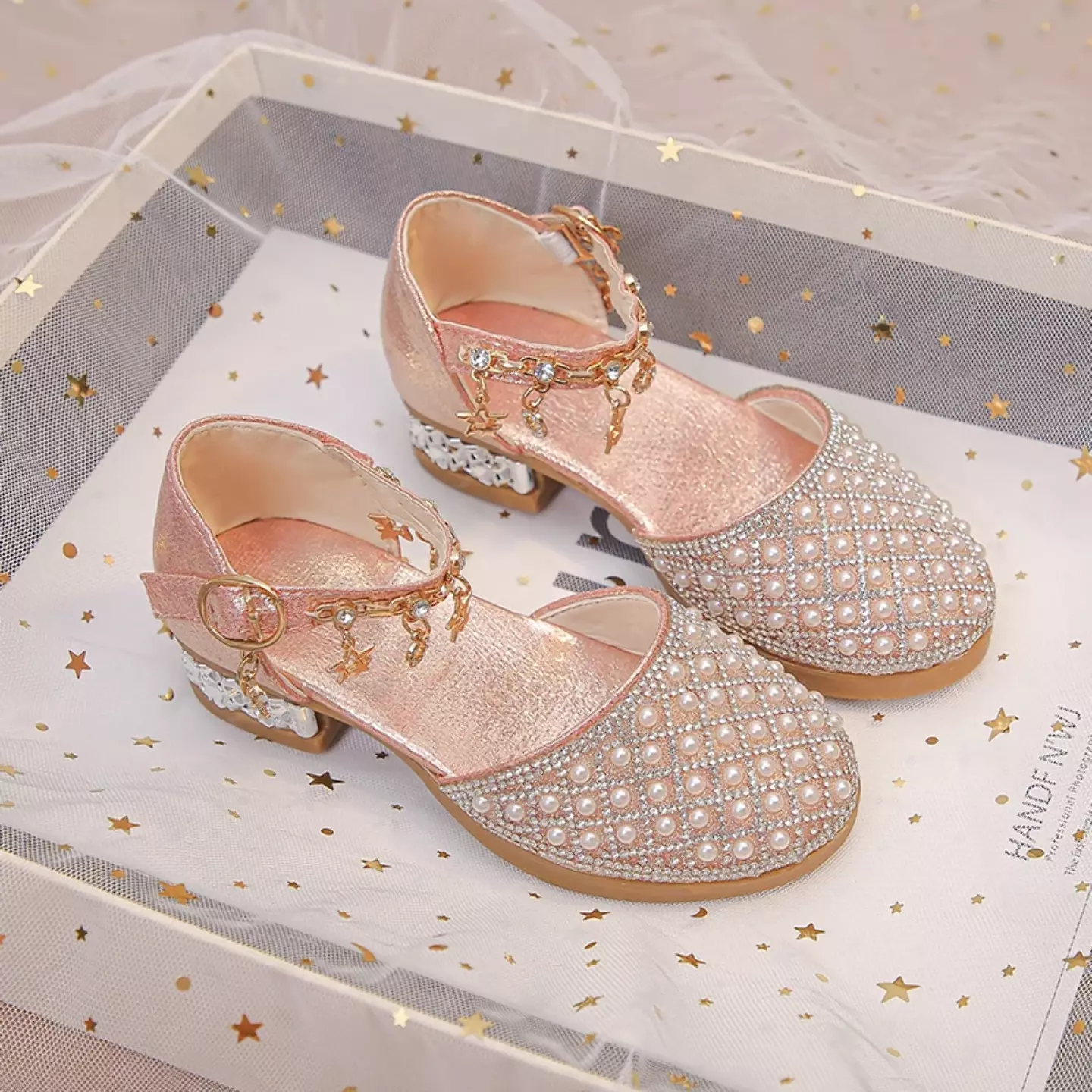 Girls High Heeled Shoes for Wedding Party Glitter Rhinestone Pendants Shiny Glitter Fashion Princess Kids Leather Dress Shoes Pink