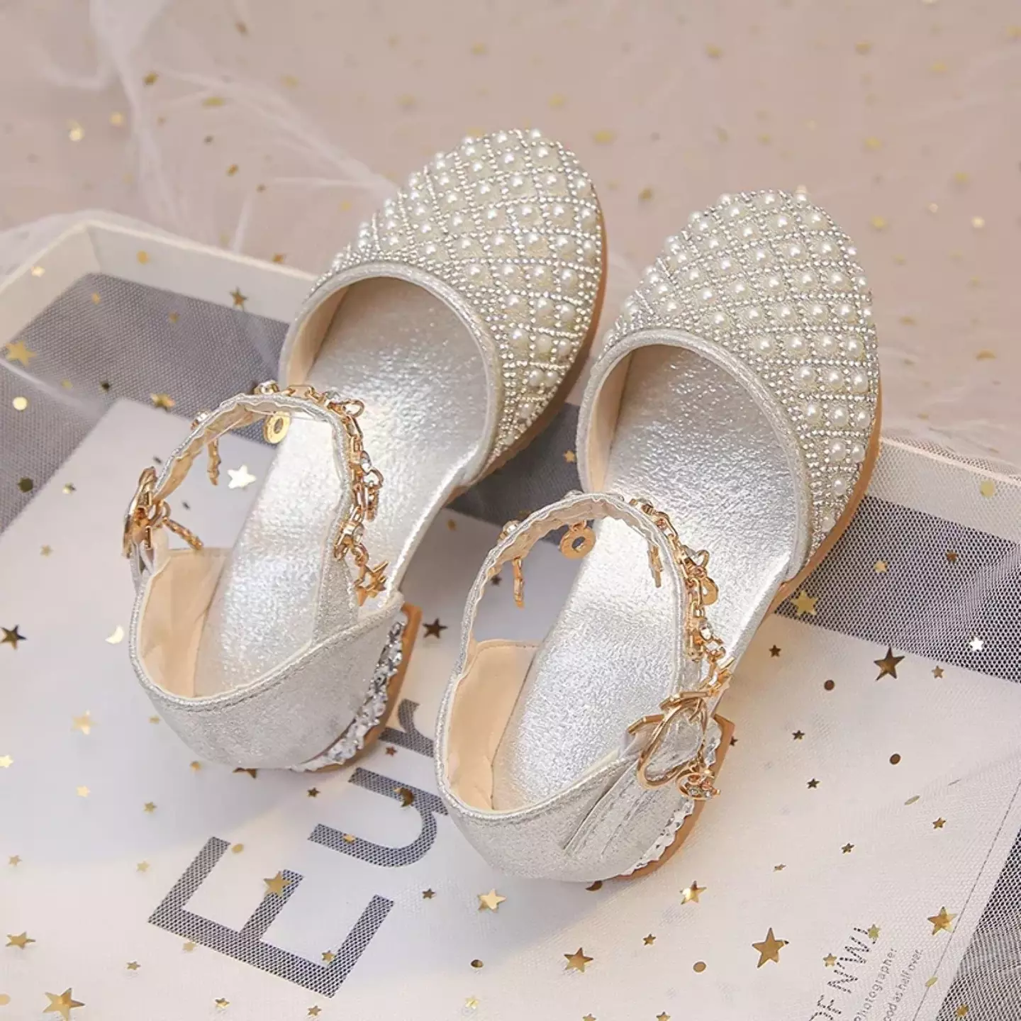 Girls High Heeled Shoes for Wedding Party Glitter Rhinestone Pendants Shiny Glitter Fashion Princess Kids Leather Dress Shoes Silver