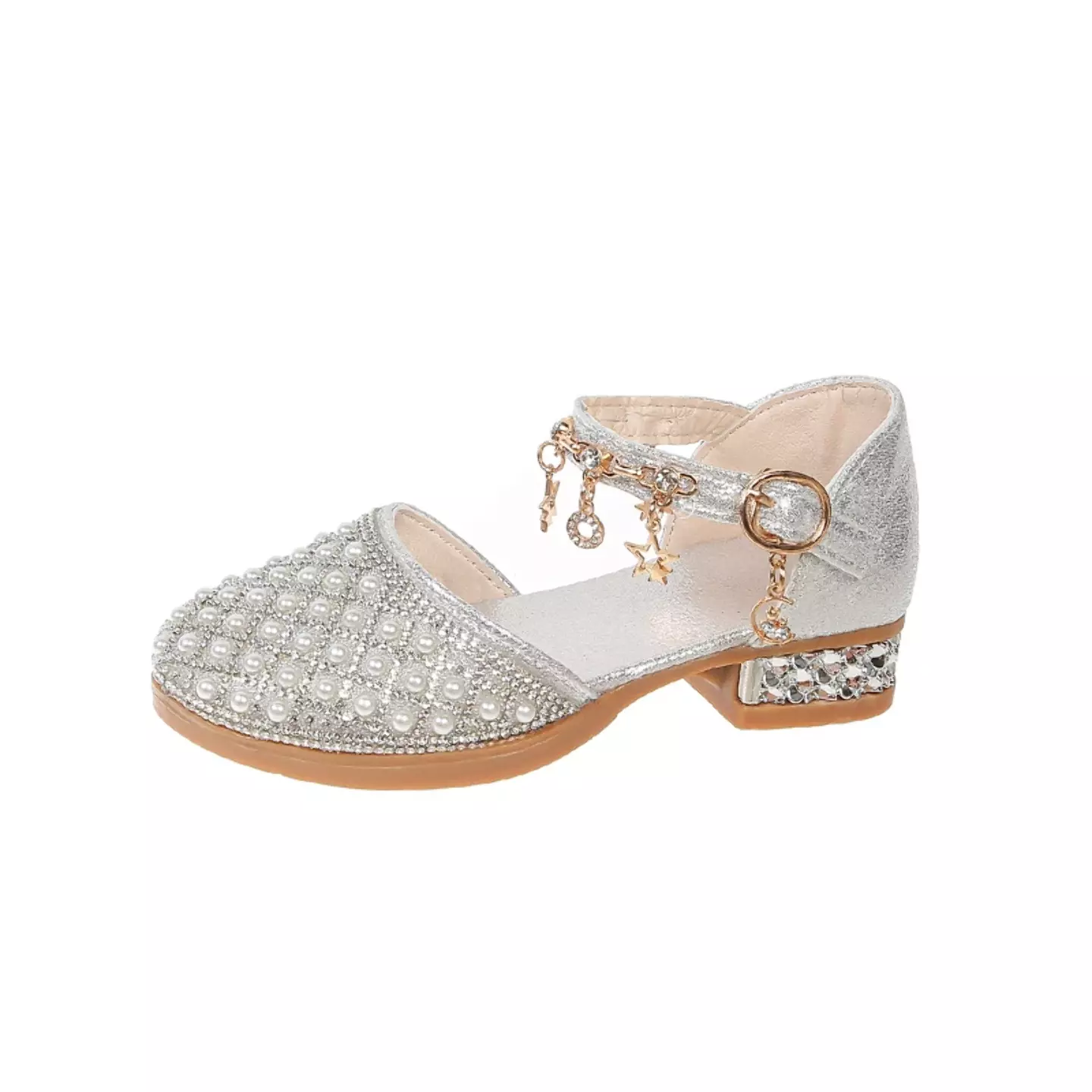 Girls High Heeled Shoes for Wedding Party Glitter Rhinestone Pendants Shiny Glitter Fashion Princess Kids Leather Dress Shoes Silver
