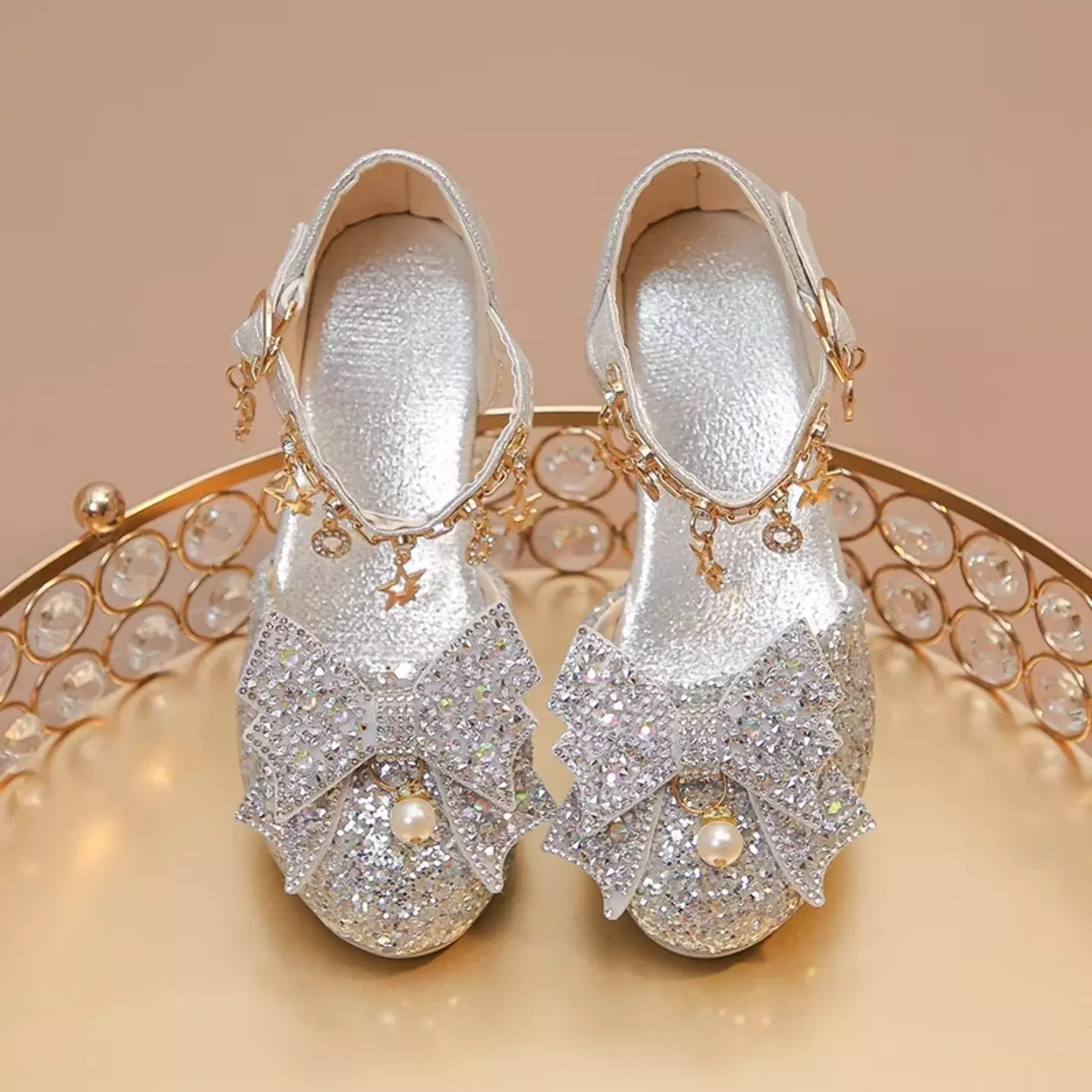 Girls High Heeled Leather Shoes High Heels for Wedding Party Glitter Rhinestone with Bow-knot Kids Dress Pendant Bling Sparkling Silver