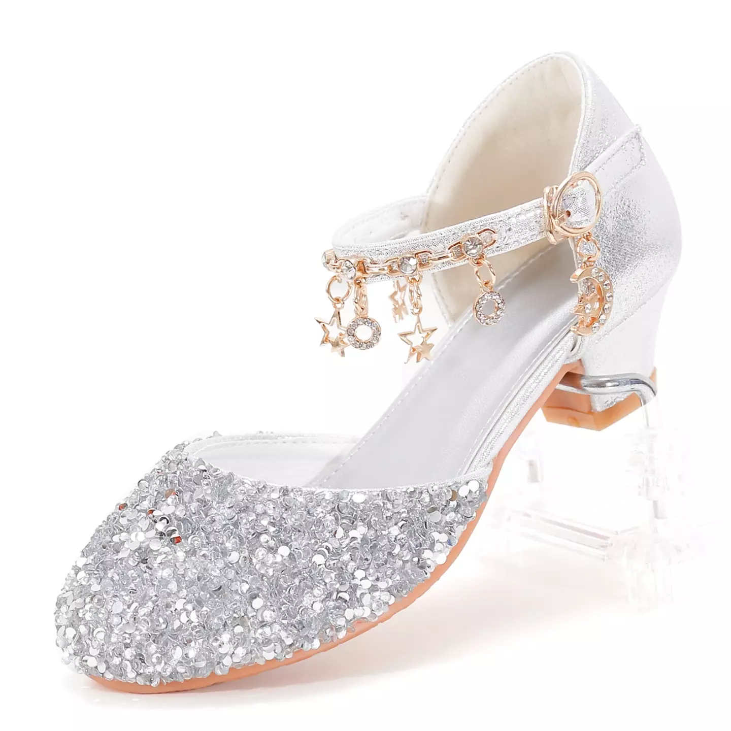 Girls' Princess Style High Heel Shoes With Shiny Star Pendant Decoration, Suitable For Dress And Birthday Party Silver