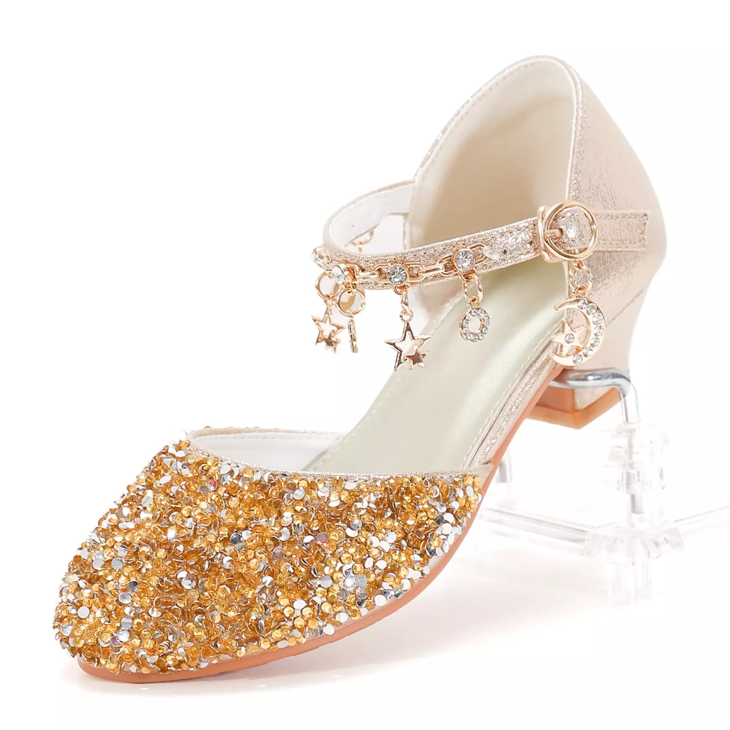 Girls' Princess Style High Heel Shoes With Shiny Star Pendant Decoration, Suitable For Dress And Birthday Party Gold
