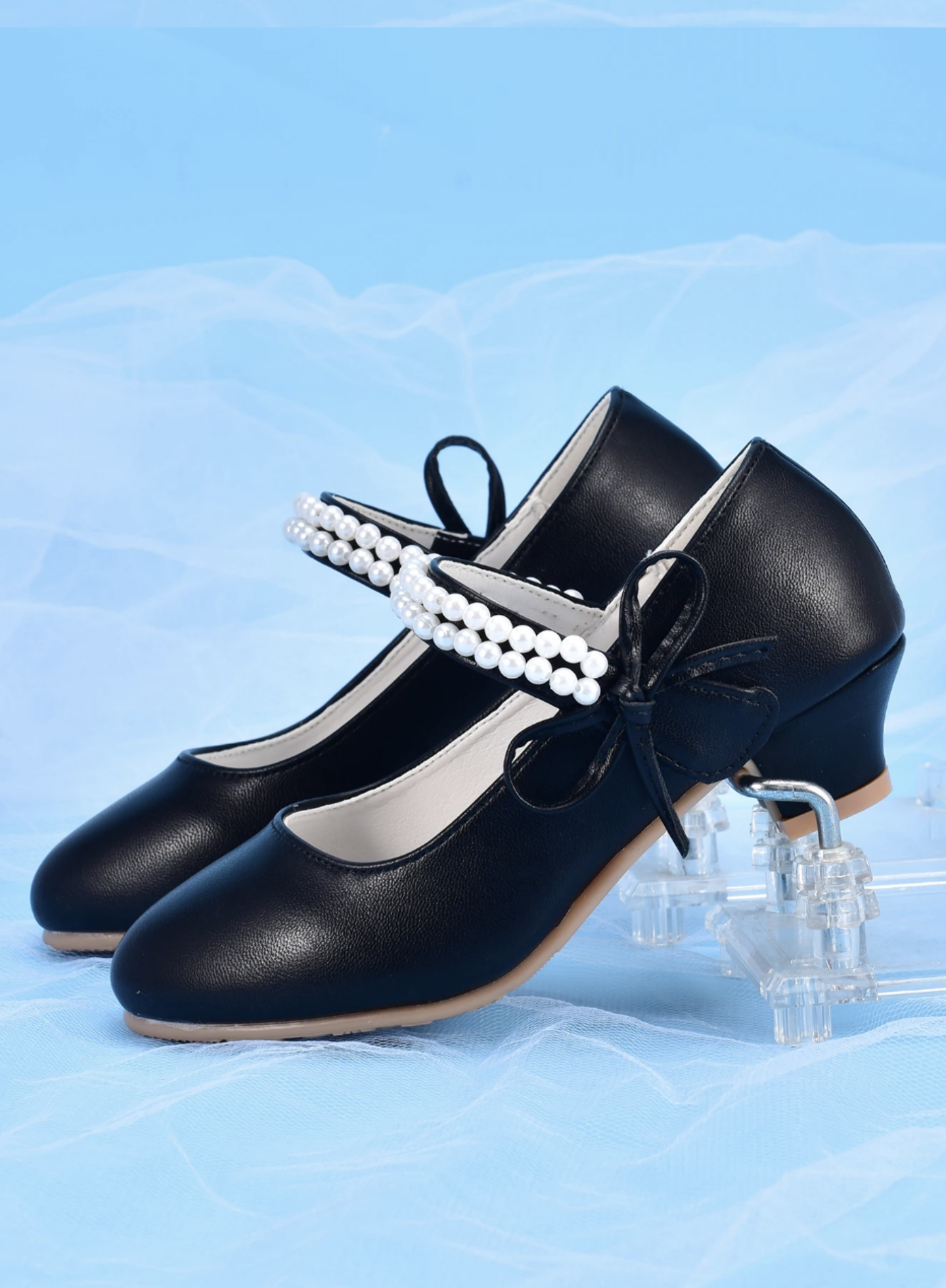 Girls Black Pearl Strap Mary Jane Low Heel Dress Shoes | Lucys