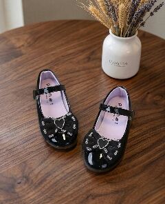 Girls Black Patent Heart Bow Mary Jane Flat Dress Shoes | Lucys