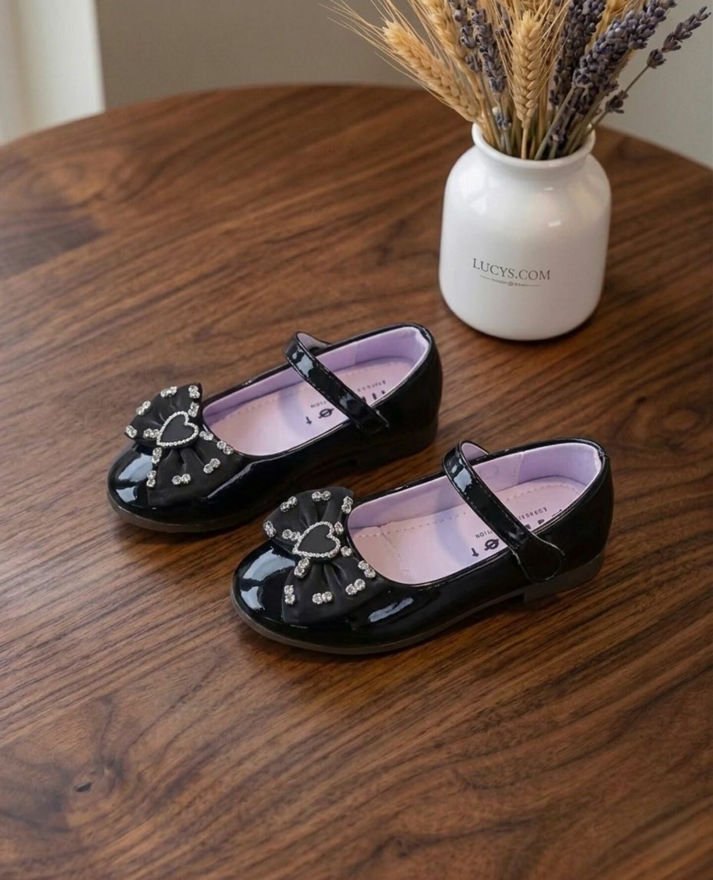 Girls Black Patent Heart Bow Mary Jane Flat Dress Shoes | Lucys